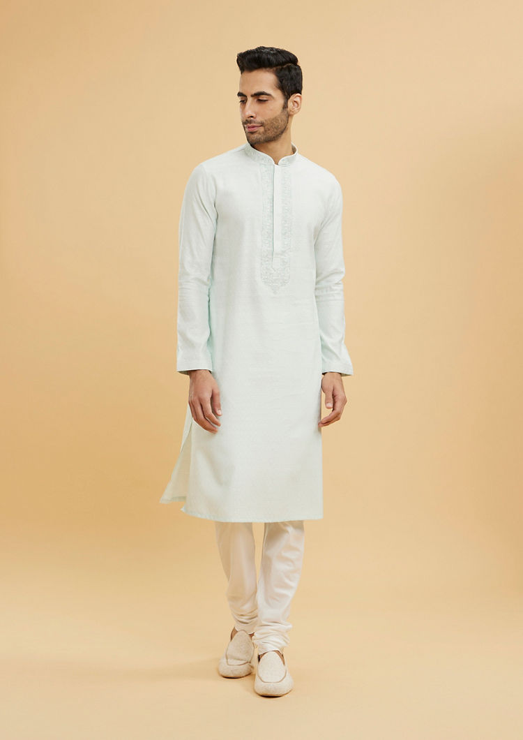Twamev Men Aqua Green Floral Patterned Kurta Set with Embroidered Neckline