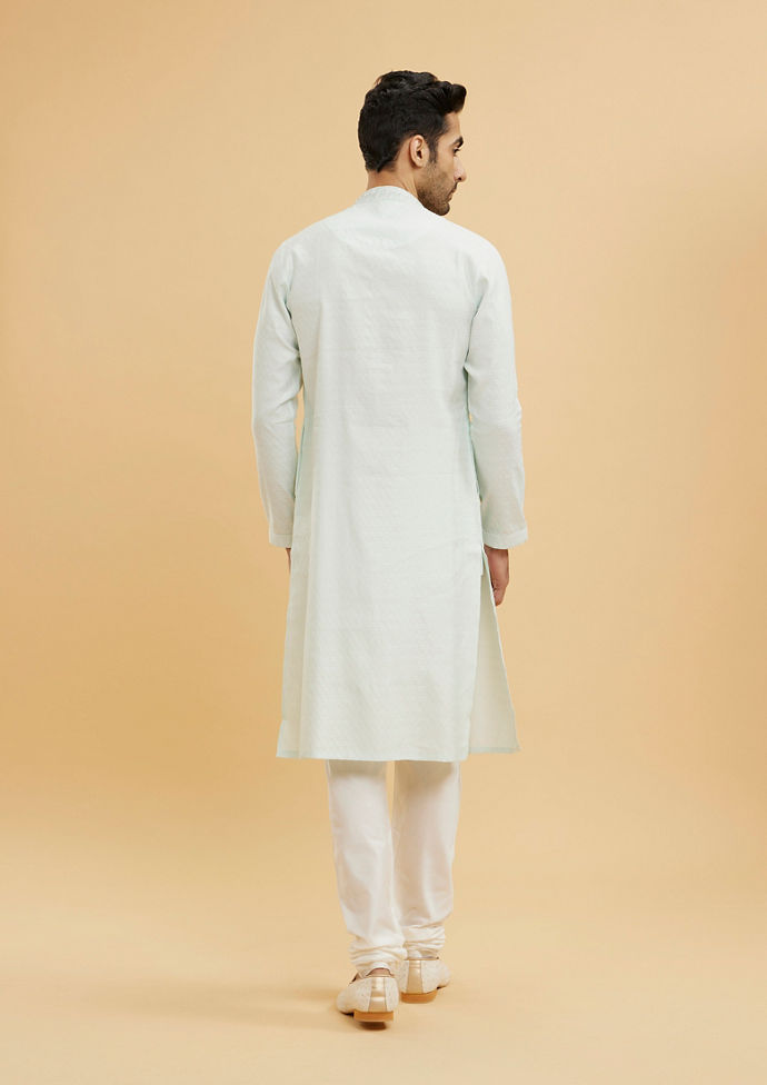 Twamev Men Aqua Green Floral Patterned Kurta Set with Embroidered Neckline