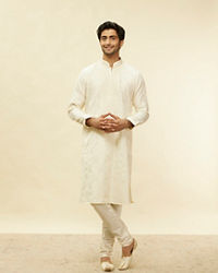 Twamev Men Elegant Cream Printed Mandarin Collar Kurta Set