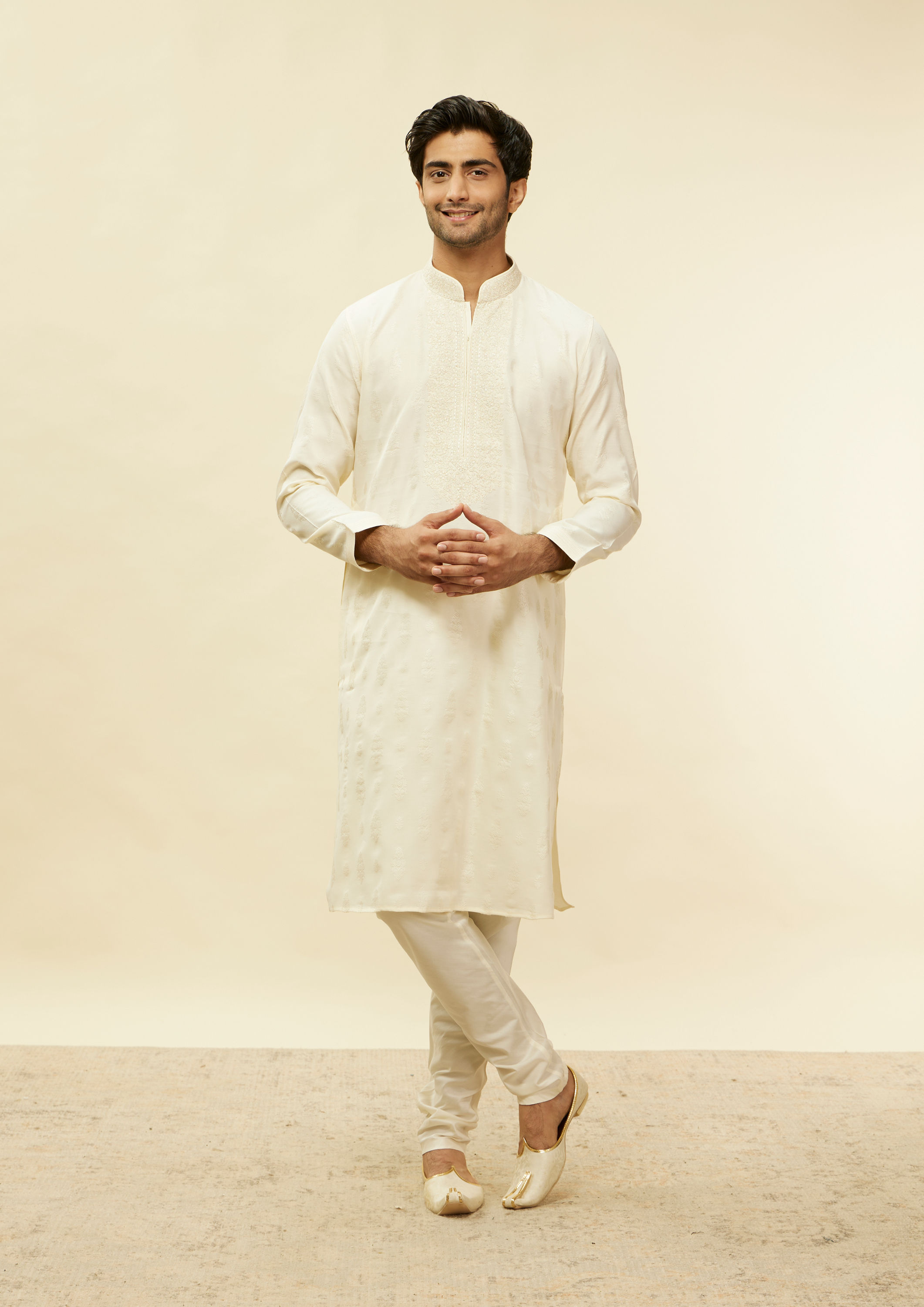 Twamev Men Elegant Cream Printed Mandarin Collar Kurta Set