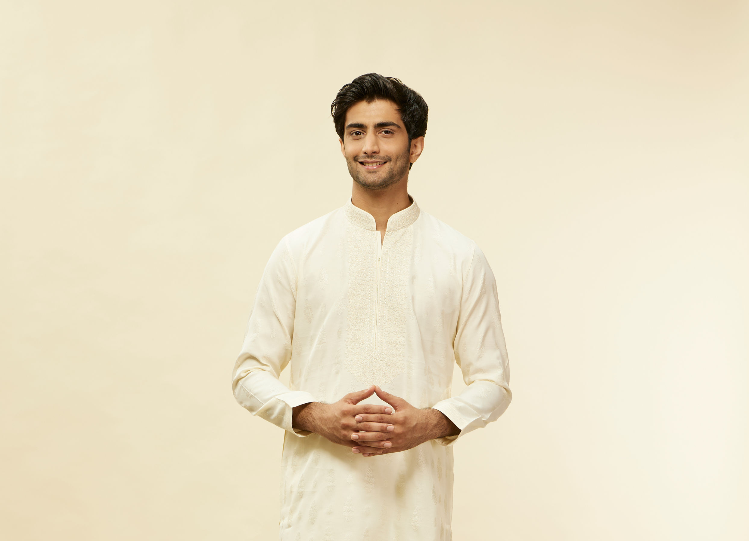 Twamev Men Elegant Cream Printed Mandarin Collar Kurta Set