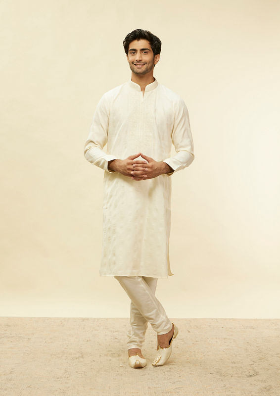 Twamev Men Elegant Cream Printed Mandarin Collar Kurta Set