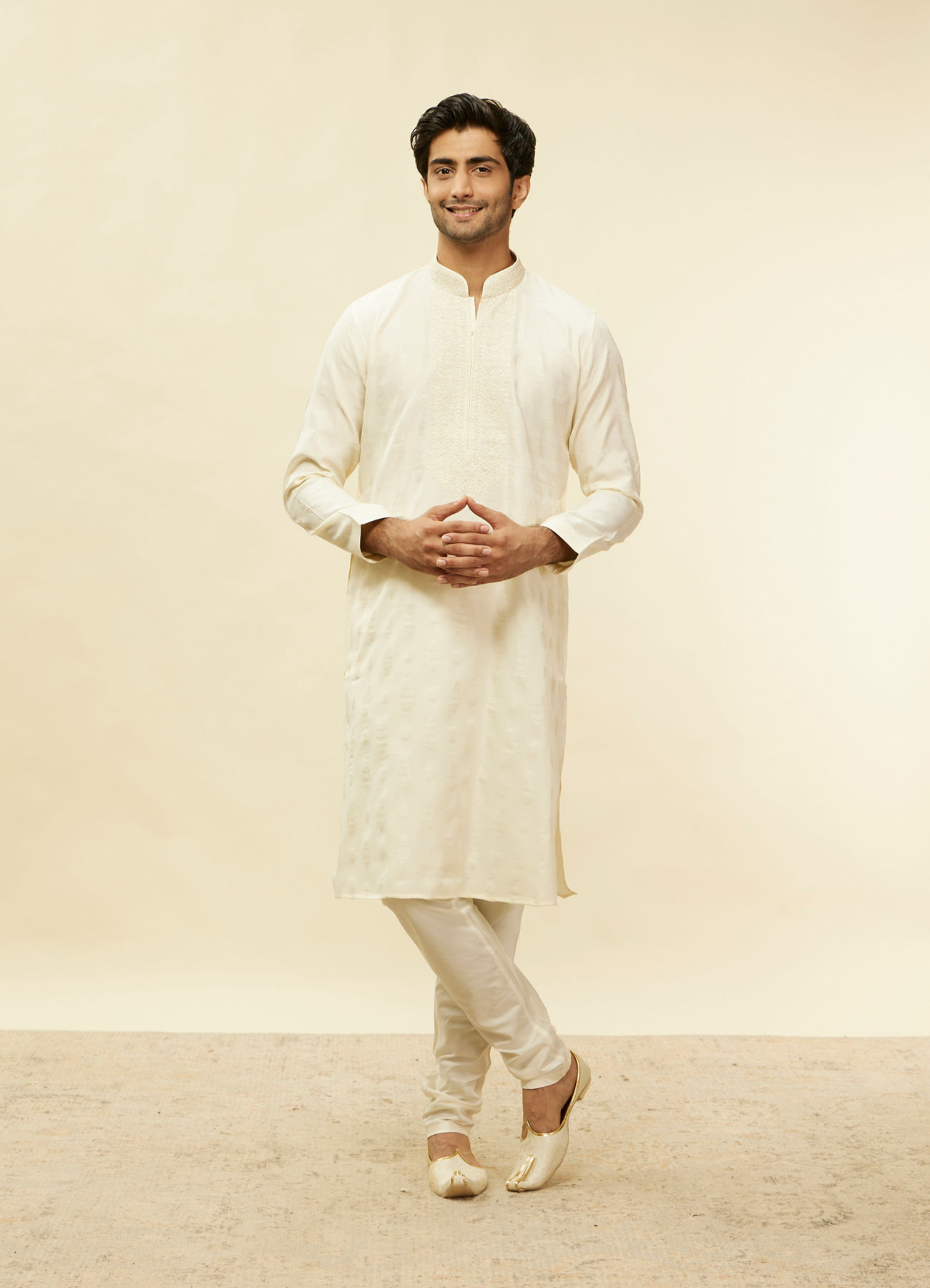 Twamev Men Elegant Cream Printed Mandarin Collar Kurta Set