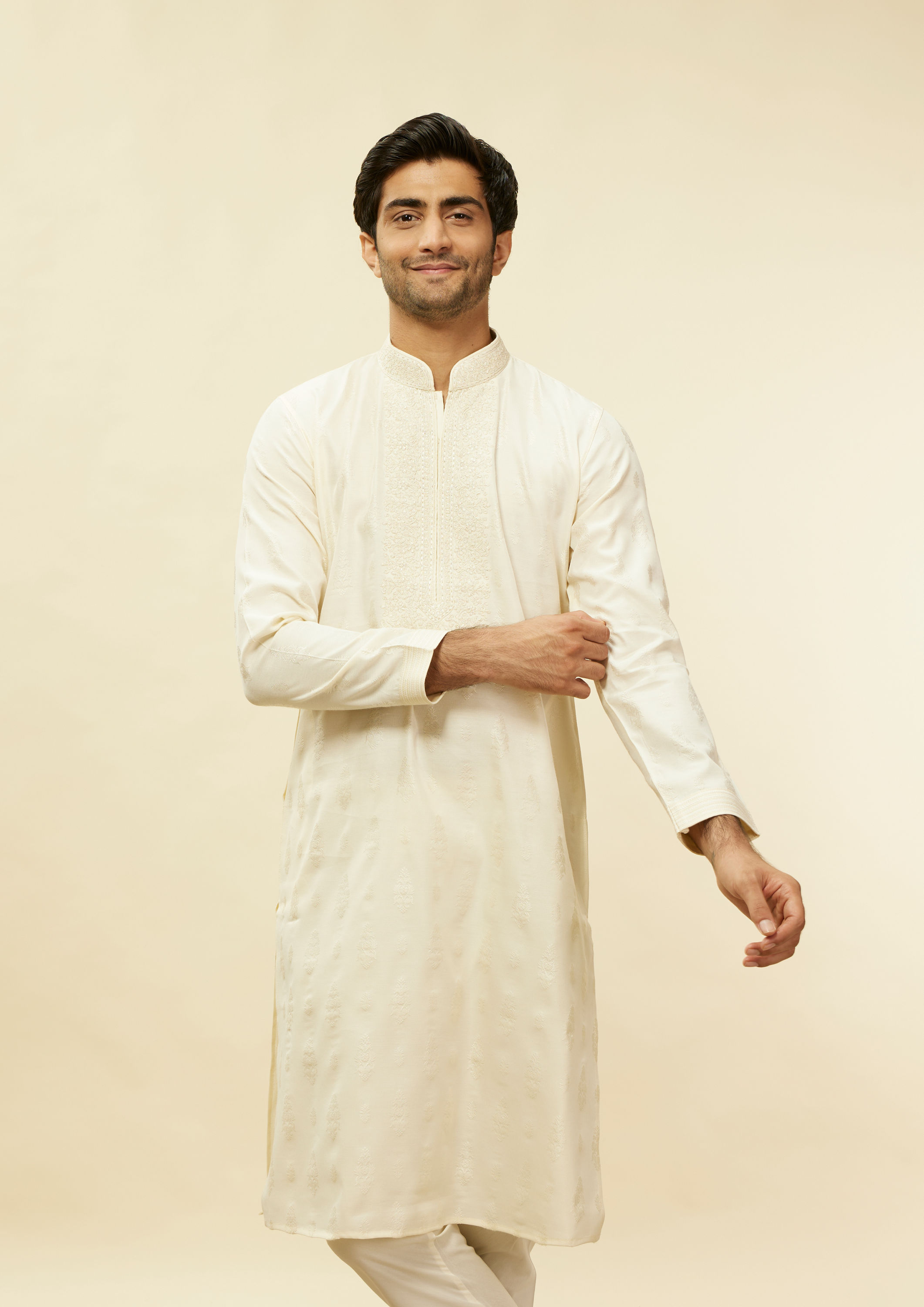 Twamev Men Elegant Cream Printed Mandarin Collar Kurta Set