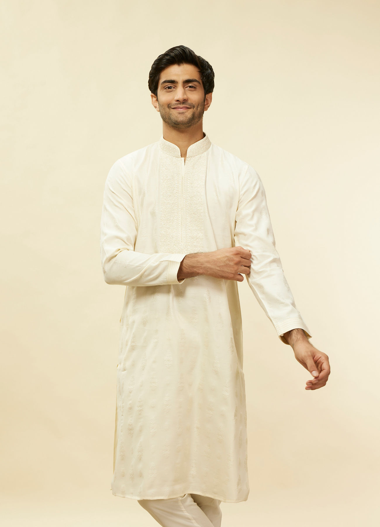 Twamev Men Elegant Cream Printed Mandarin Collar Kurta Set