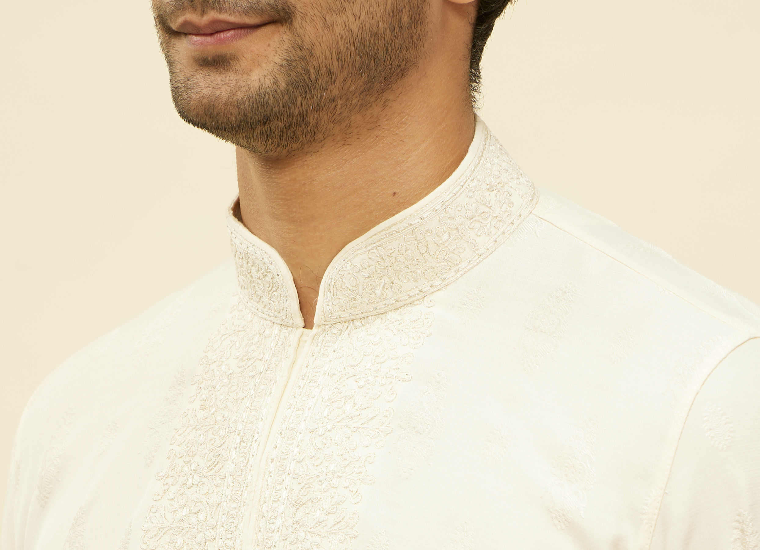 Twamev Men Elegant Cream Printed Mandarin Collar Kurta Set