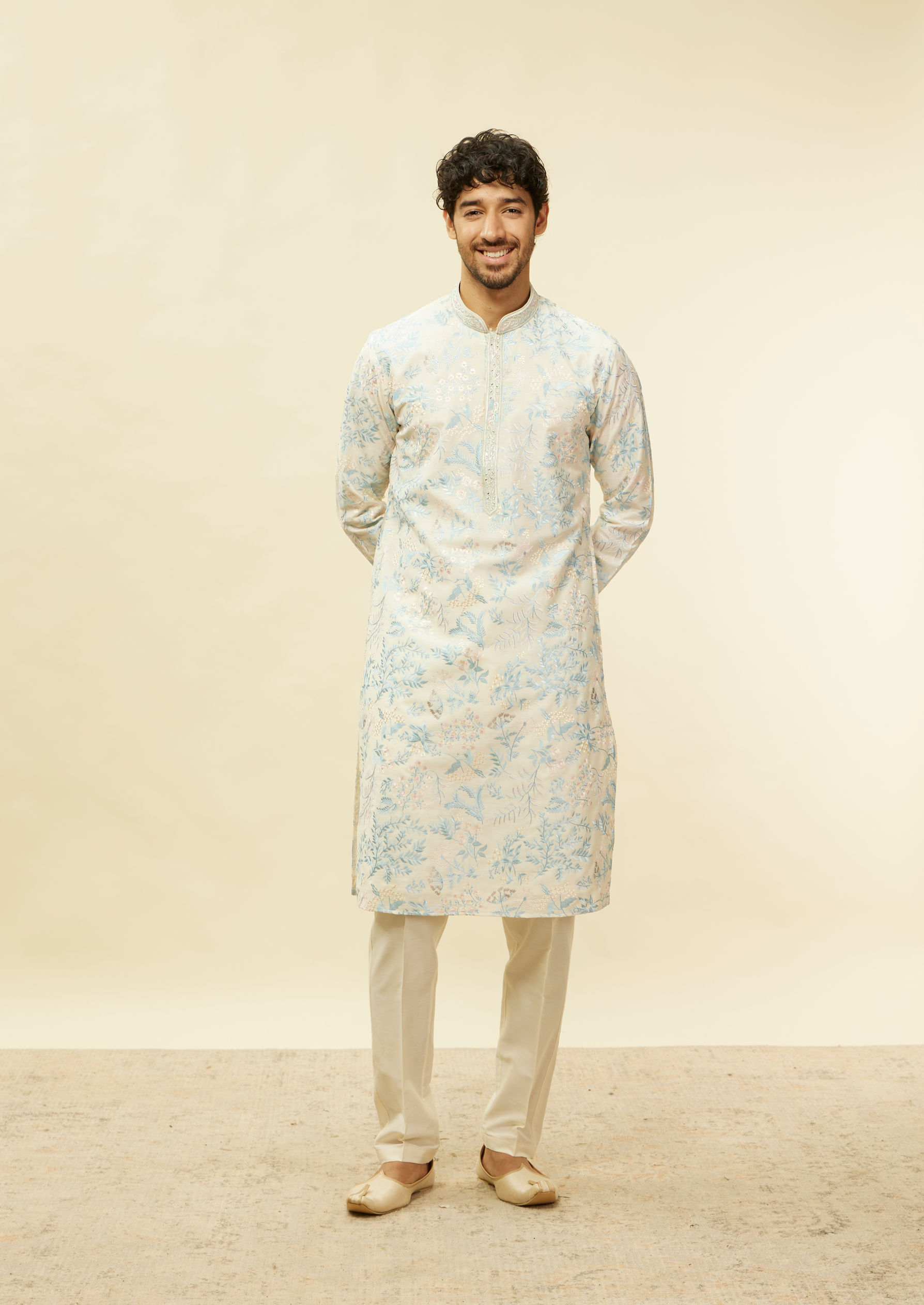 Twamev Men Daydream Blossom Warm White Kurta Set