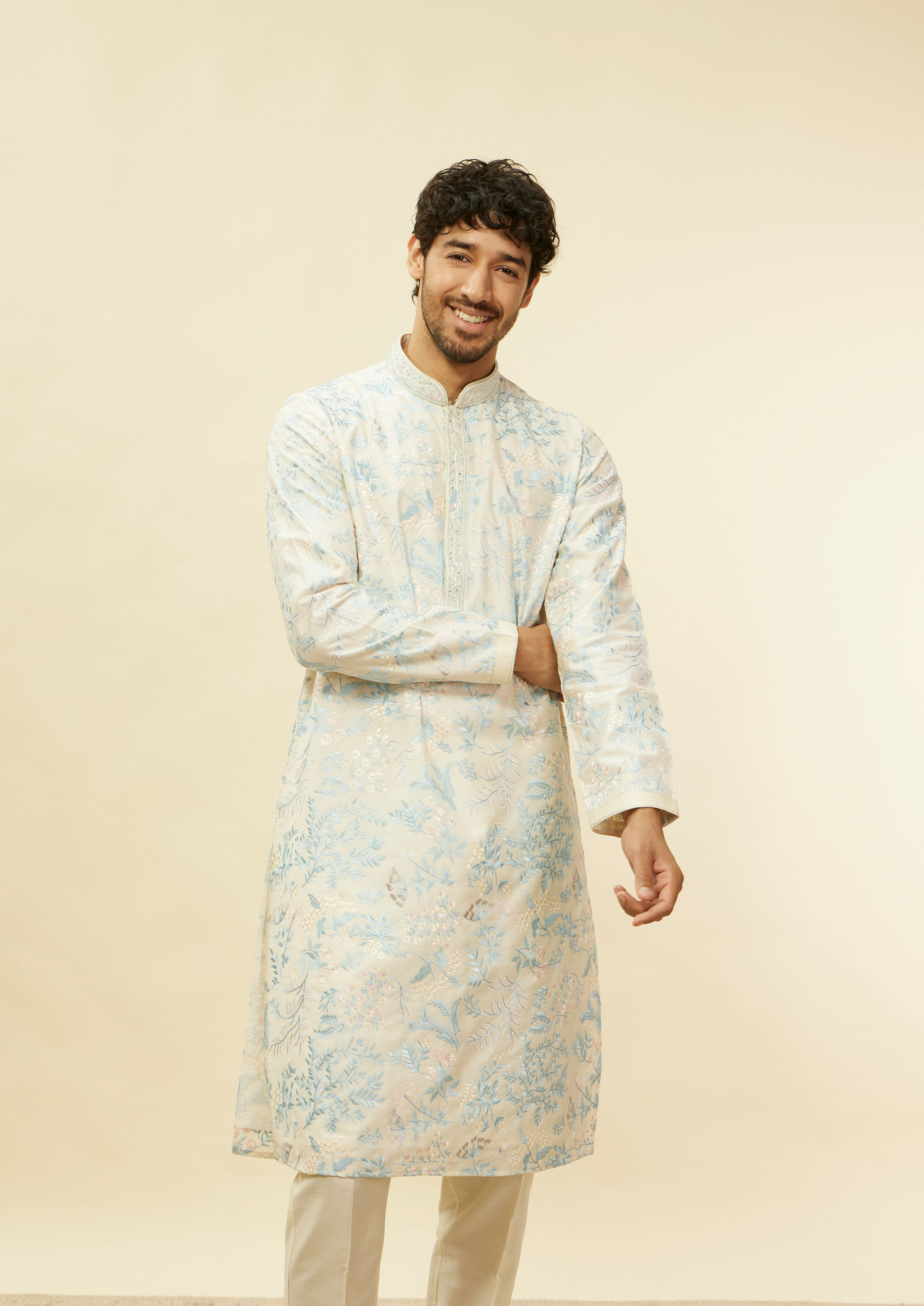 alt message - Twamev Men Daydream Blossom Warm White Kurta Set image number 0