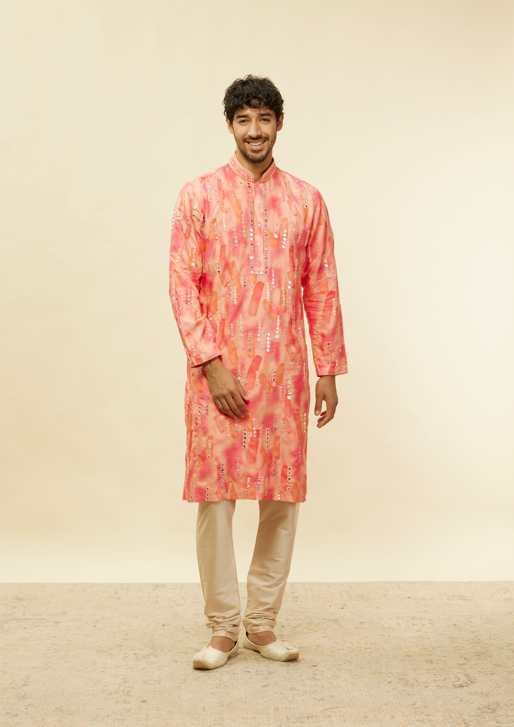 Twamev Men Suave Pink Linear Foil Mirror Kurta Set