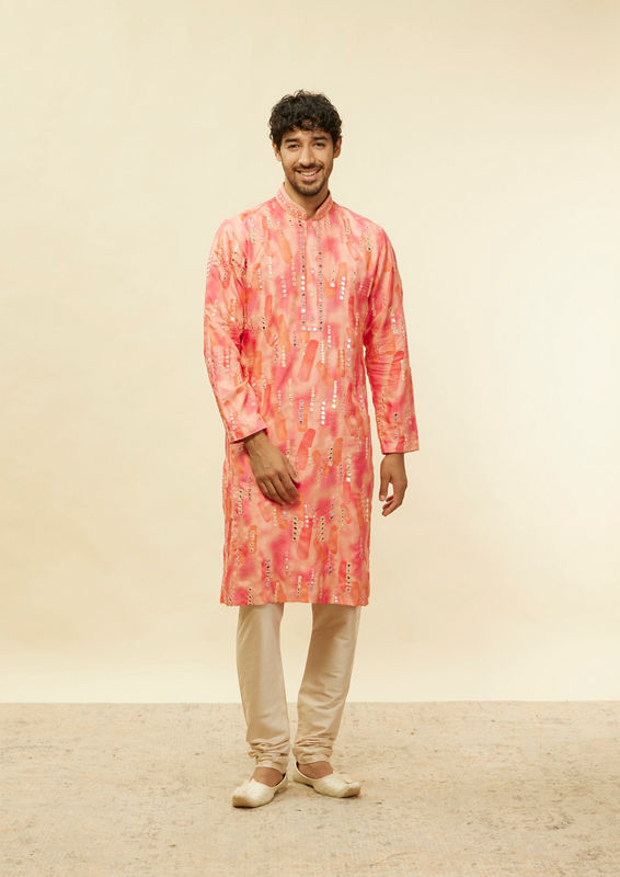 Twamev Men Suave Pink Linear Foil Mirror Kurta Set