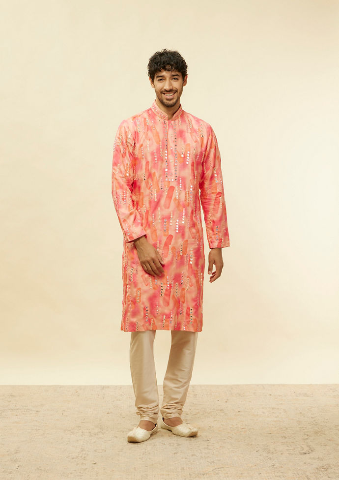 Twamev Men Suave Pink Linear Foil Mirror Kurta Set