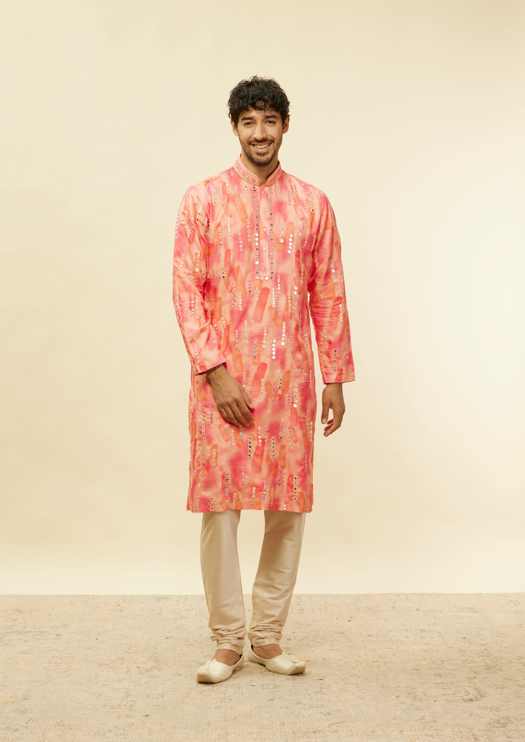 Twamev Men Suave Pink Linear Foil Mirror Kurta Set