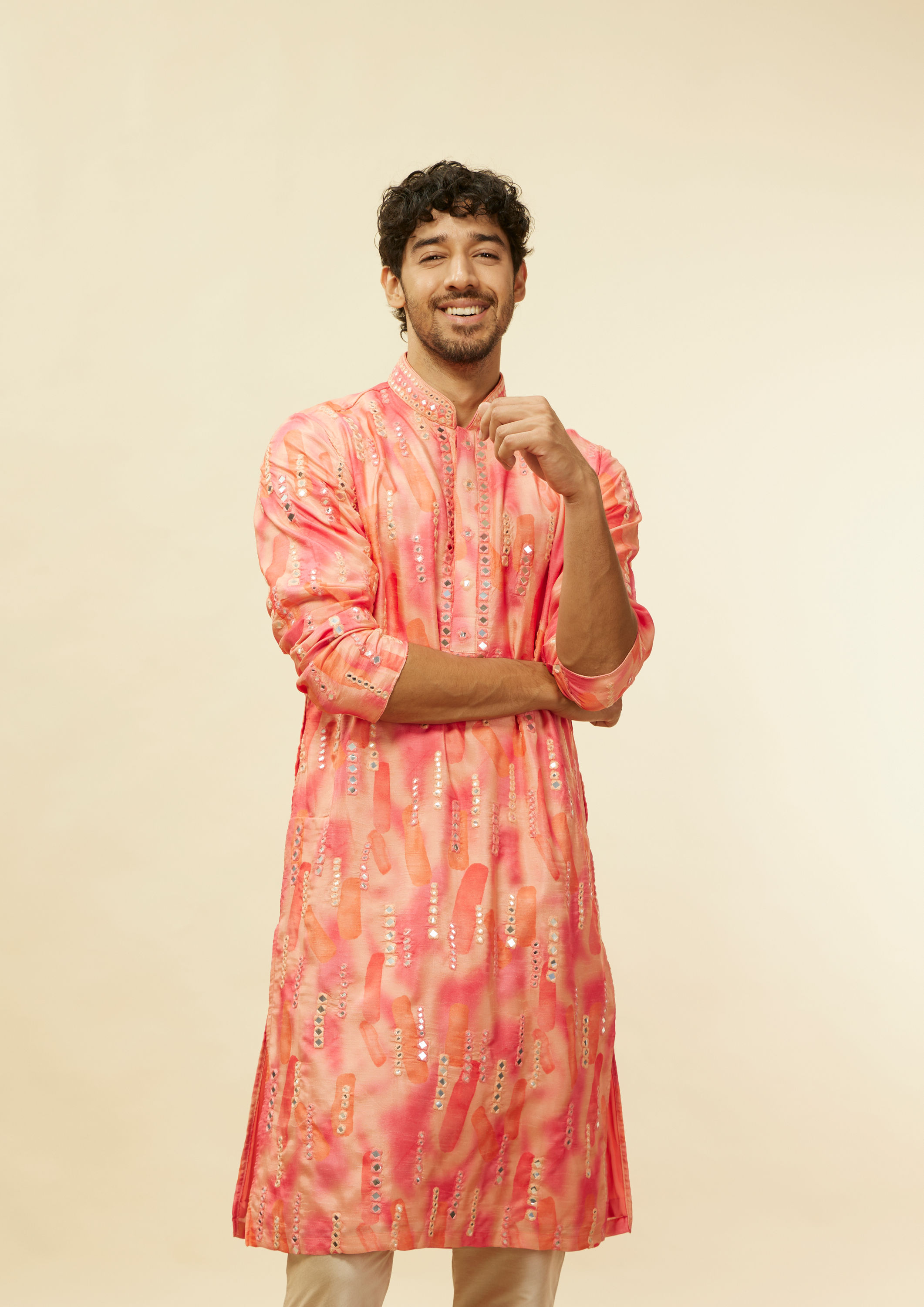 Twamev Men Suave Pink Linear Foil Mirror Kurta Set