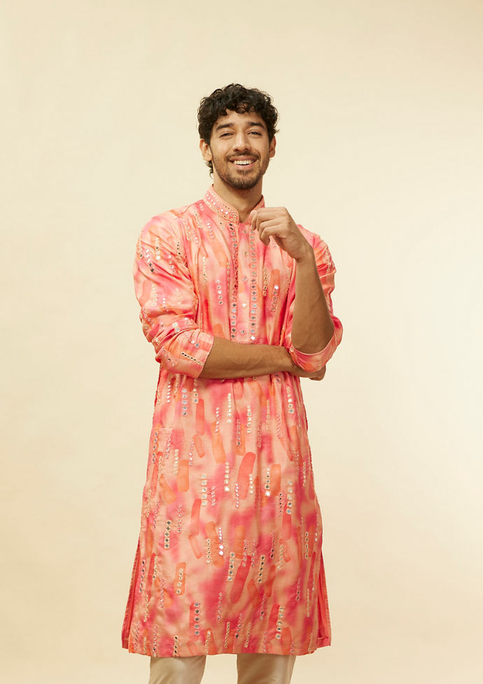 Twamev Men Suave Pink Linear Foil Mirror Kurta Set
