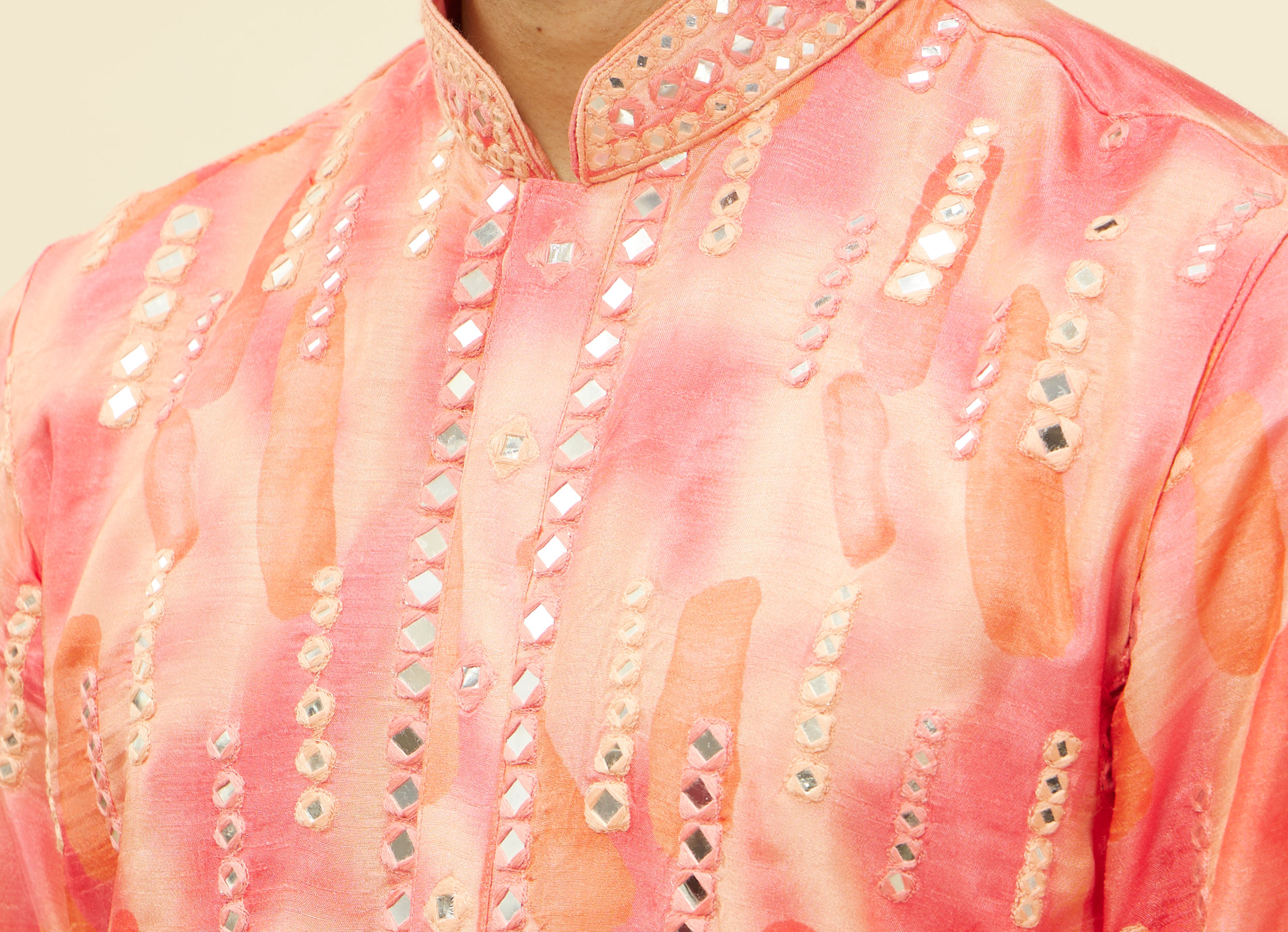 Twamev Men Suave Pink Linear Foil Mirror Kurta Set