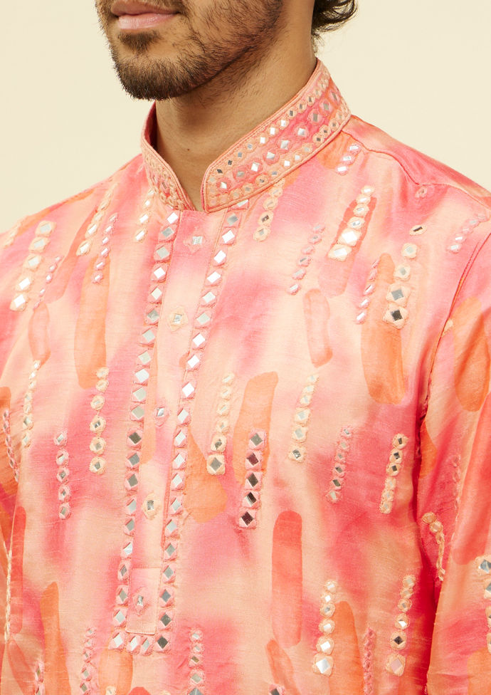 Twamev Men Suave Pink Linear Foil Mirror Kurta Set