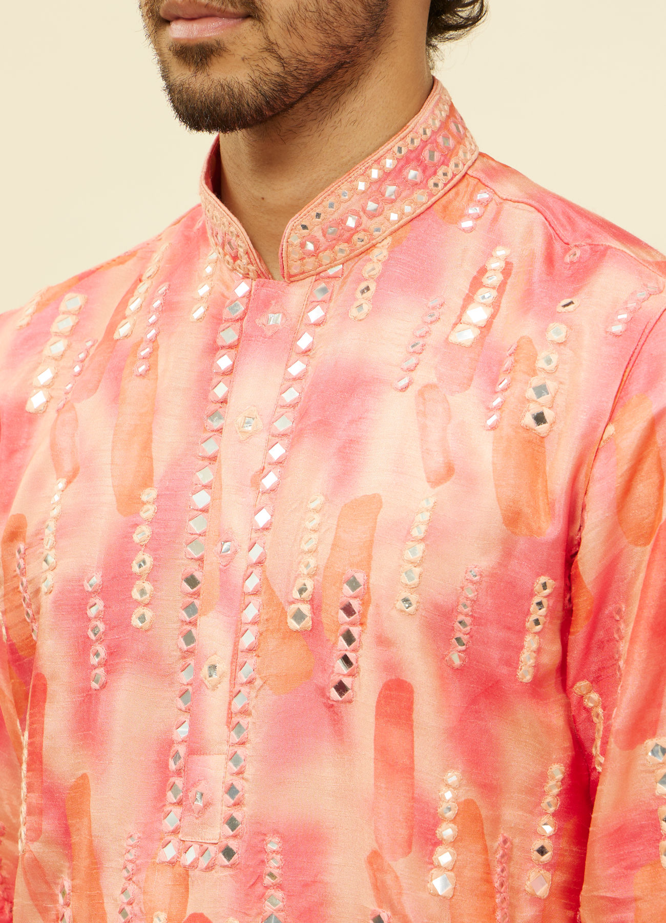 Twamev Men Suave Pink Linear Foil Mirror Kurta Set