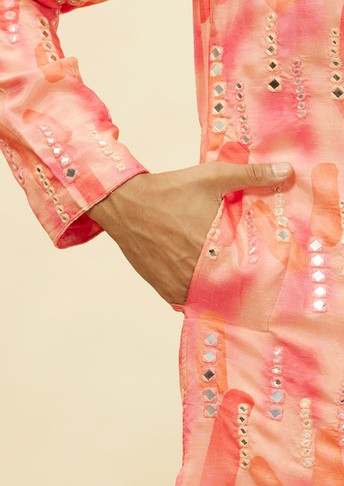 Twamev Men Suave Pink Linear Foil Mirror Kurta Set