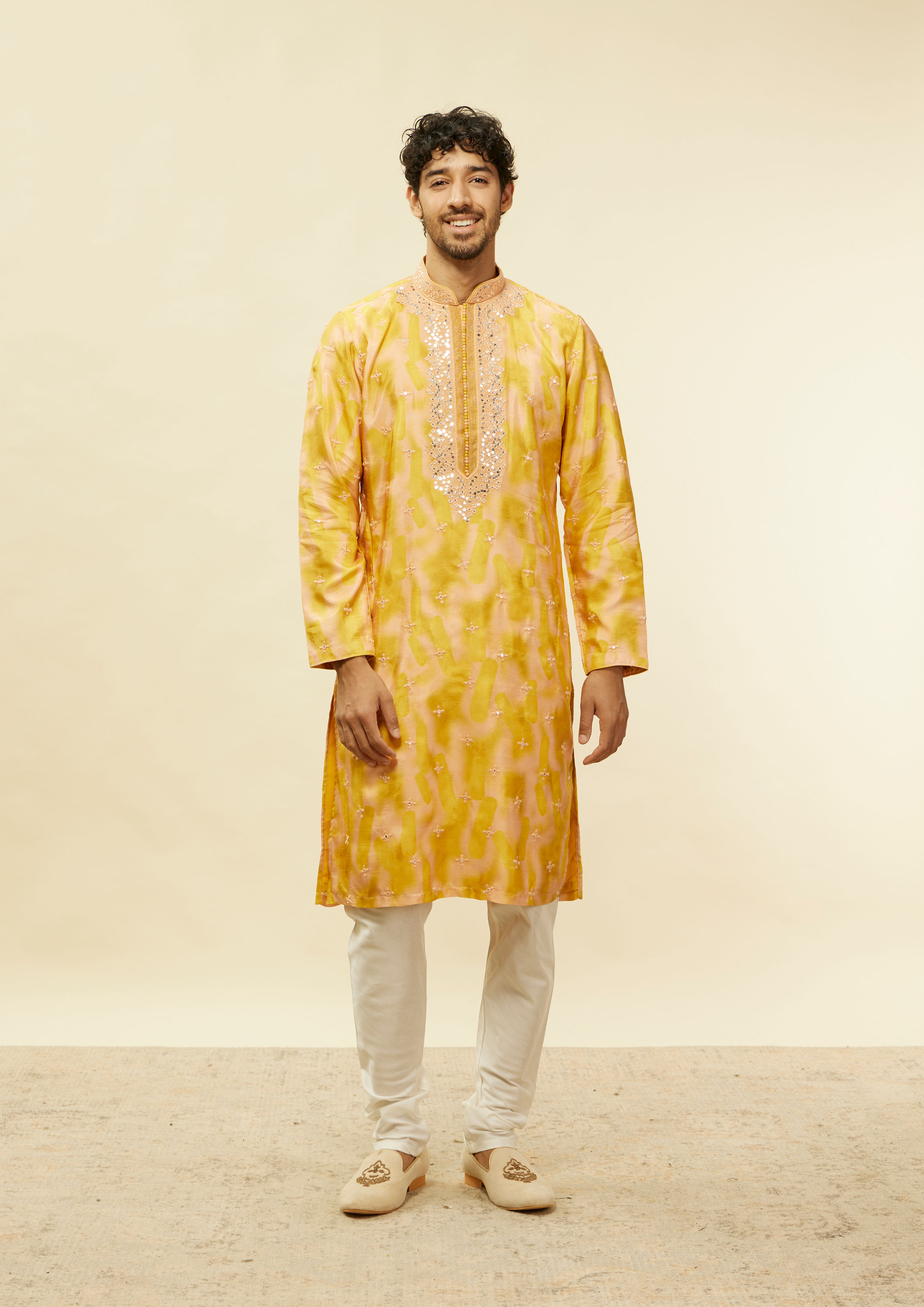 Twamev Men Mustard Mirage Foil Mirror Kurta Set