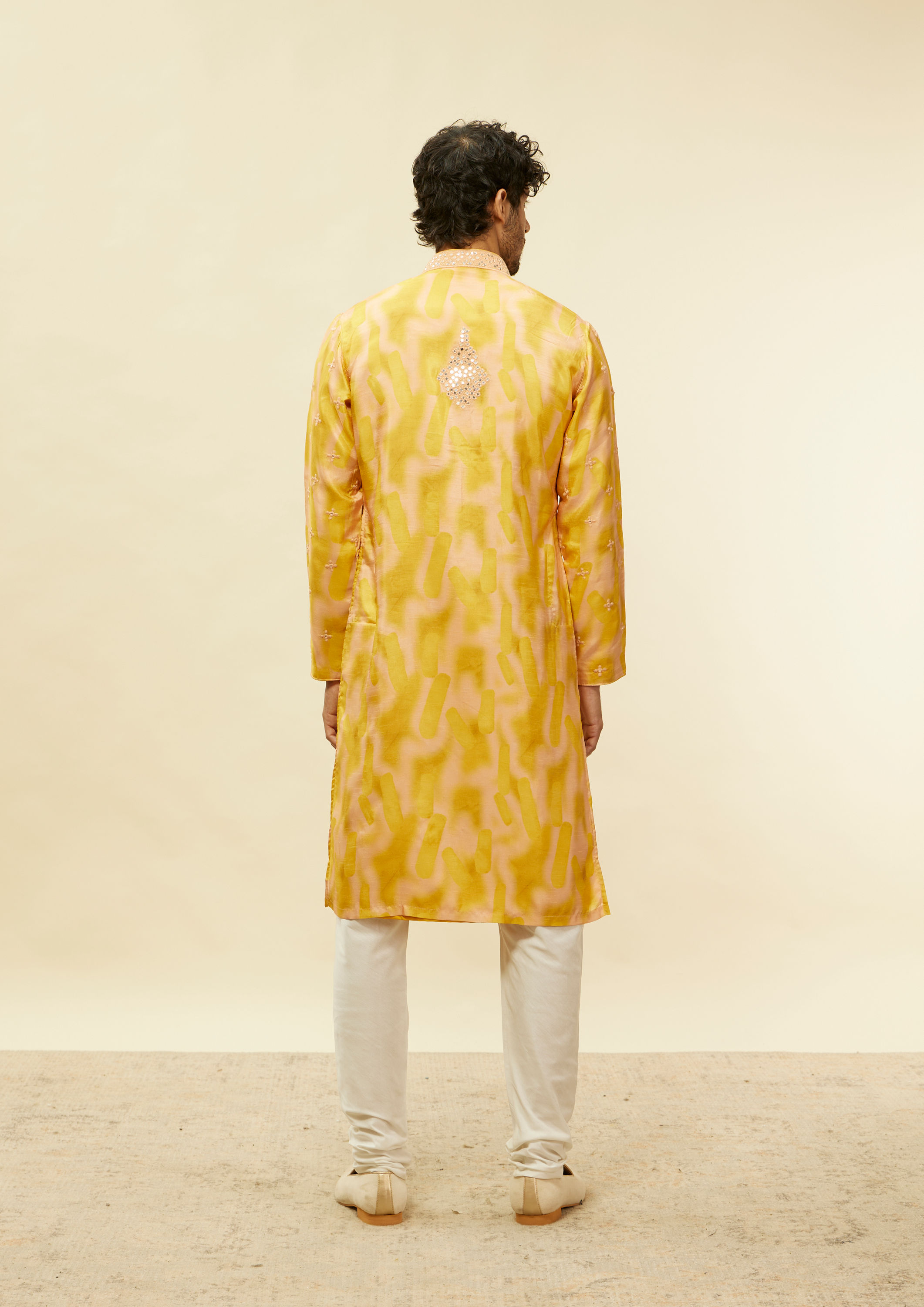 Twamev Men Mustard Mirage Foil Mirror Kurta Set