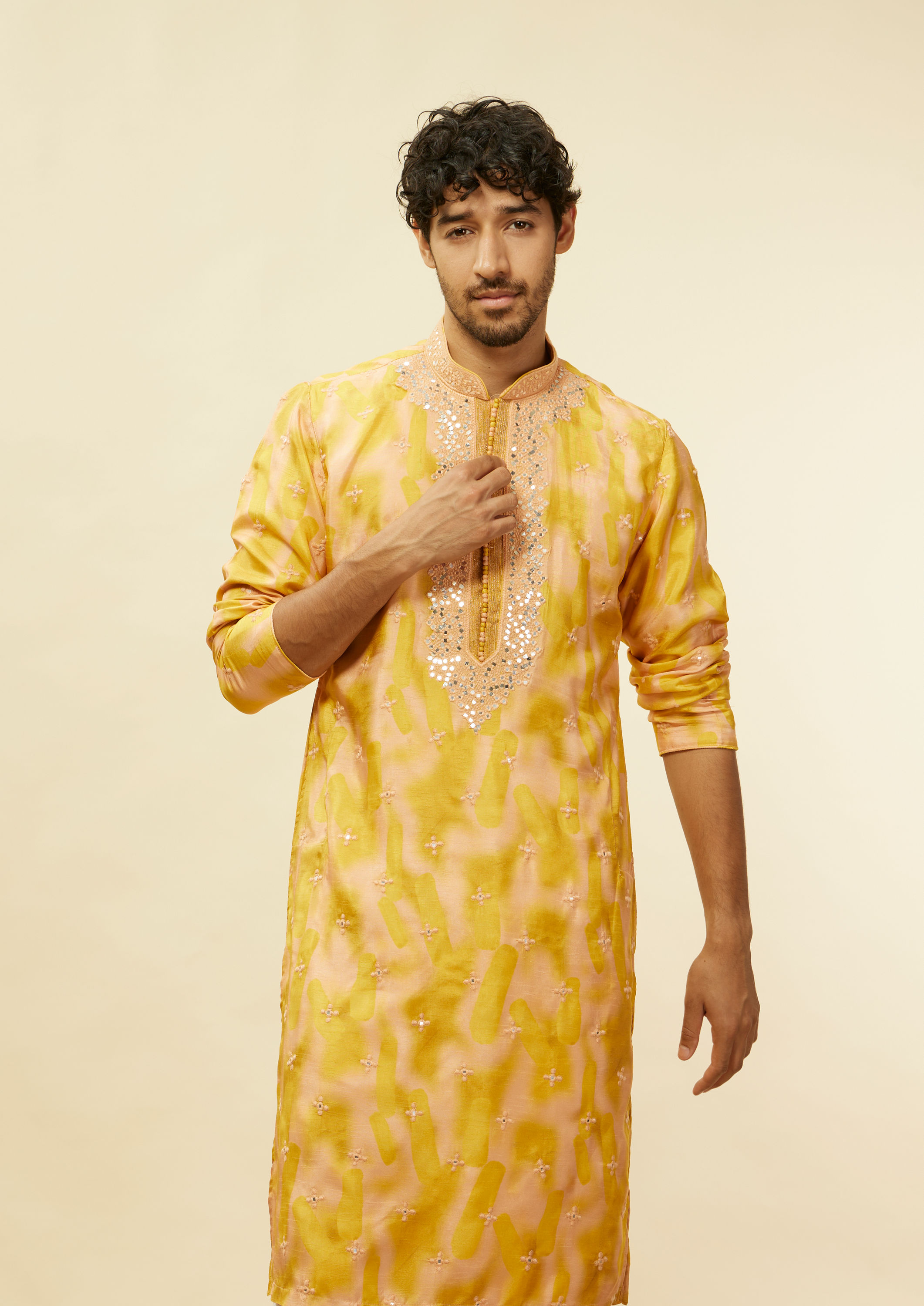 Twamev Men Mustard Mirage Foil Mirror Kurta Set