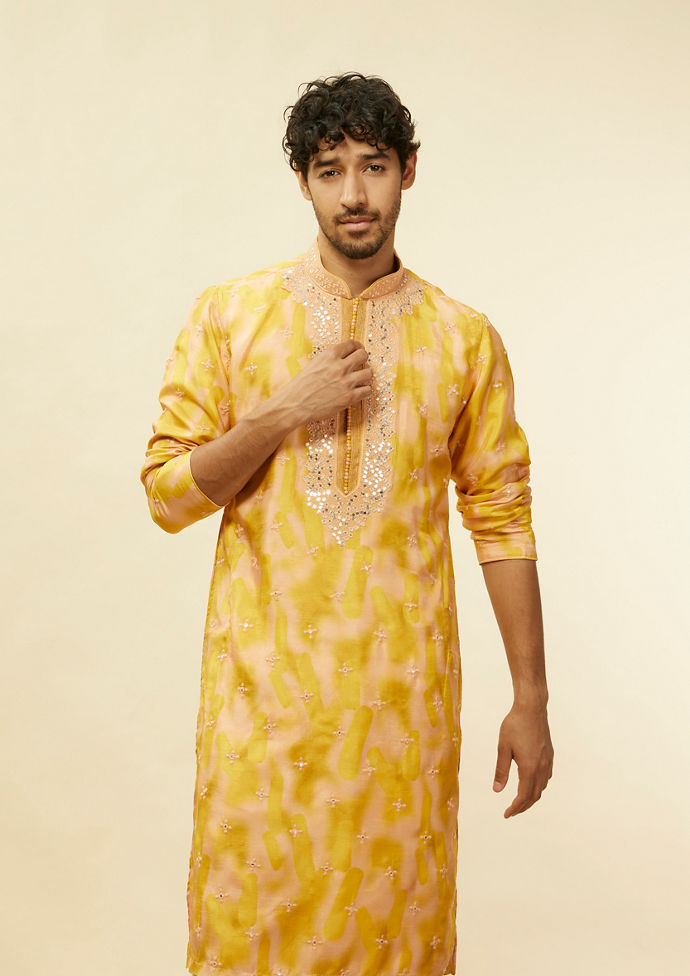 Twamev Men Mustard Mirage Foil Mirror Kurta Set image number 0