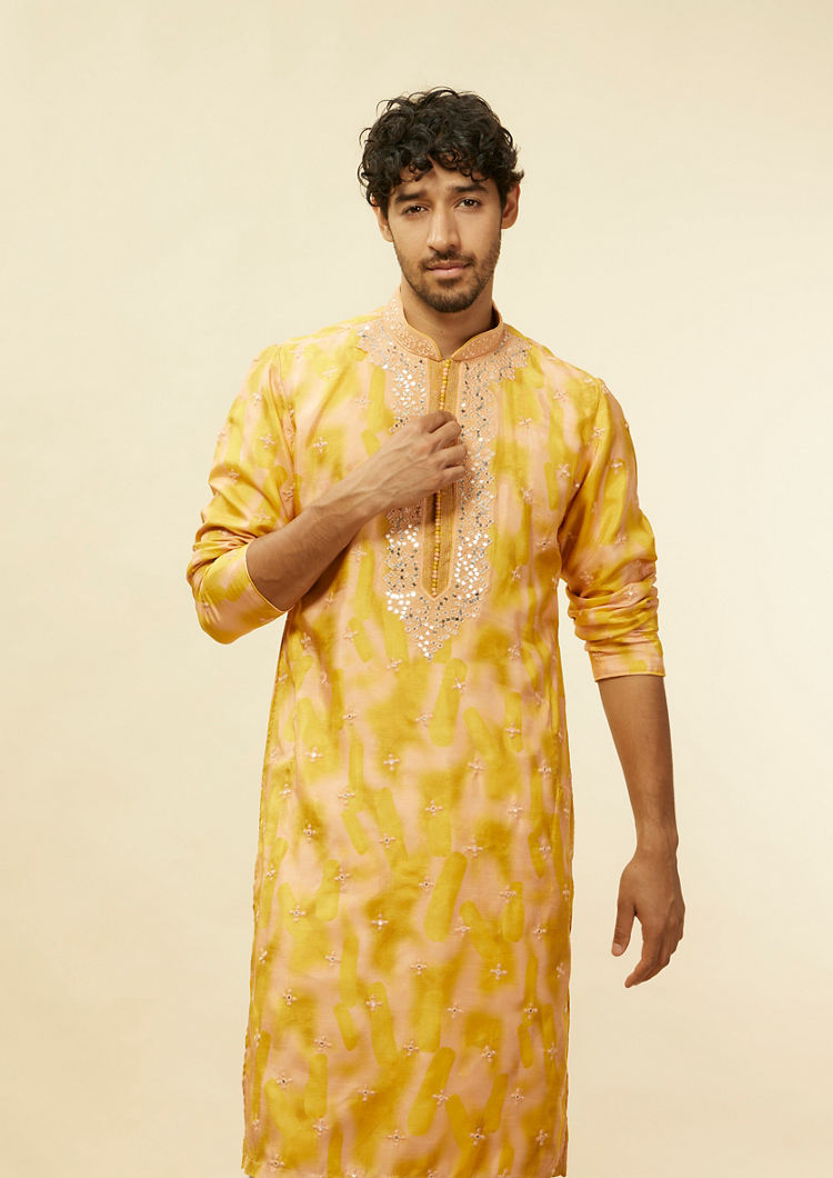 Twamev Men Mustard Mirage Foil Mirror Kurta Set image number 0