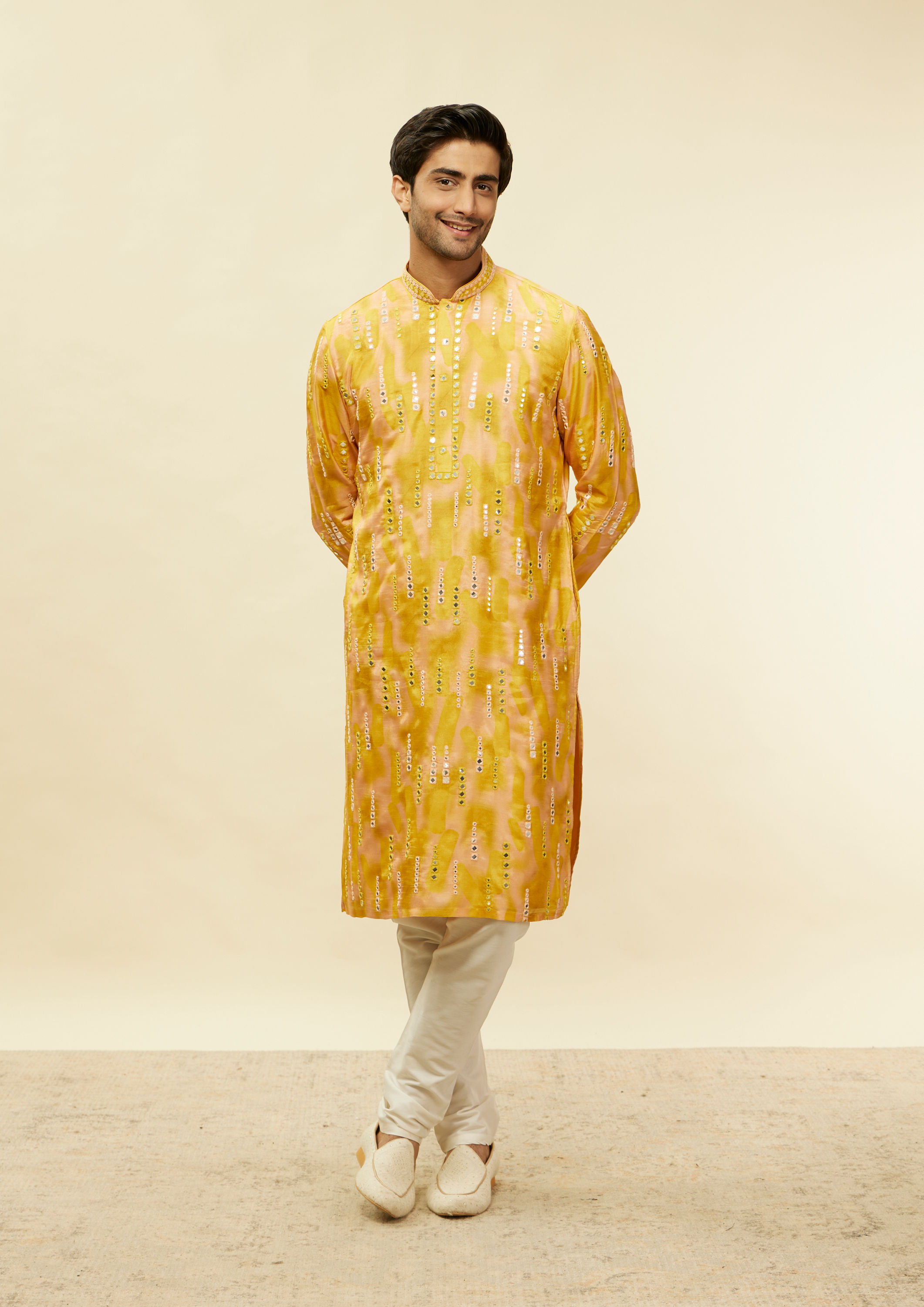 Twamev Men Mustard Glow Linear Foil Mirror Kurta Set