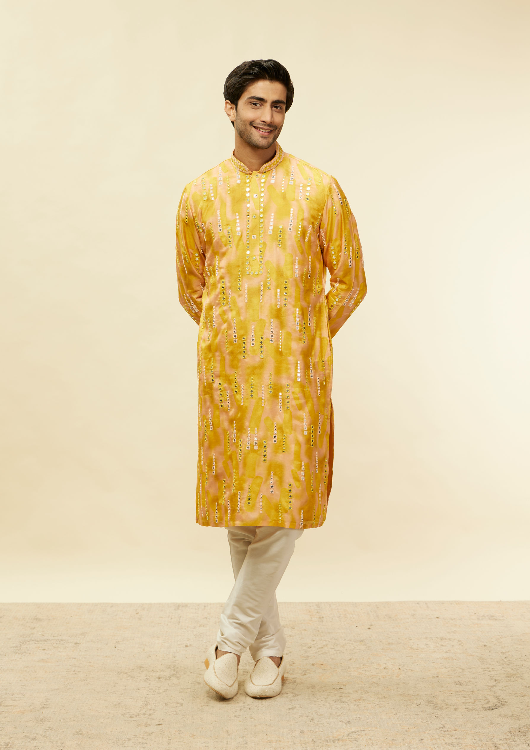 Twamev Men Mustard Glow Linear Foil Mirror Kurta Set
