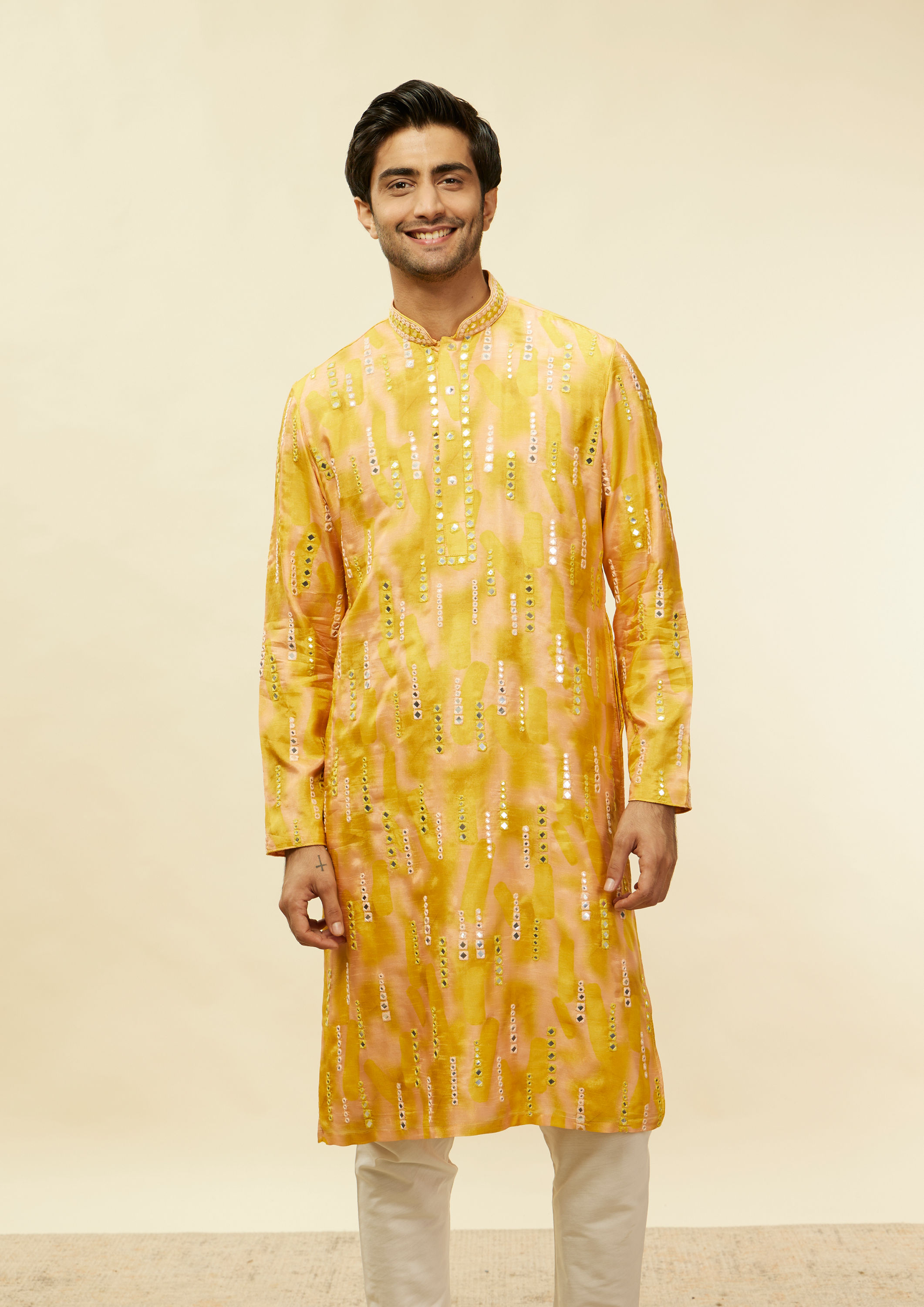 Twamev Men Mustard Glow Linear Foil Mirror Kurta Set