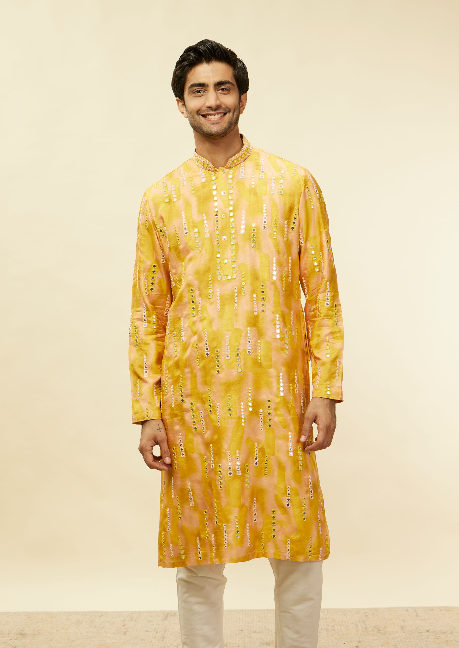 Twamev Men Mustard Glow Linear Foil Mirror Kurta Set