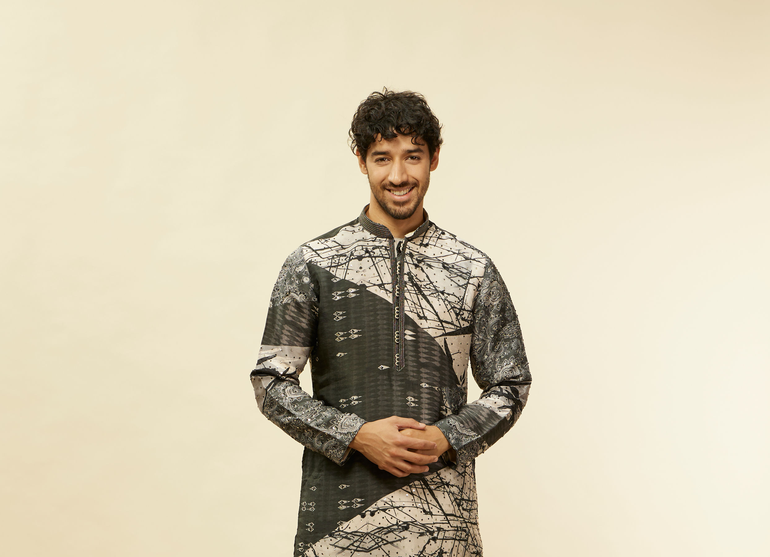 Twamev Men Stand Out Grey Self Print Kurta Set