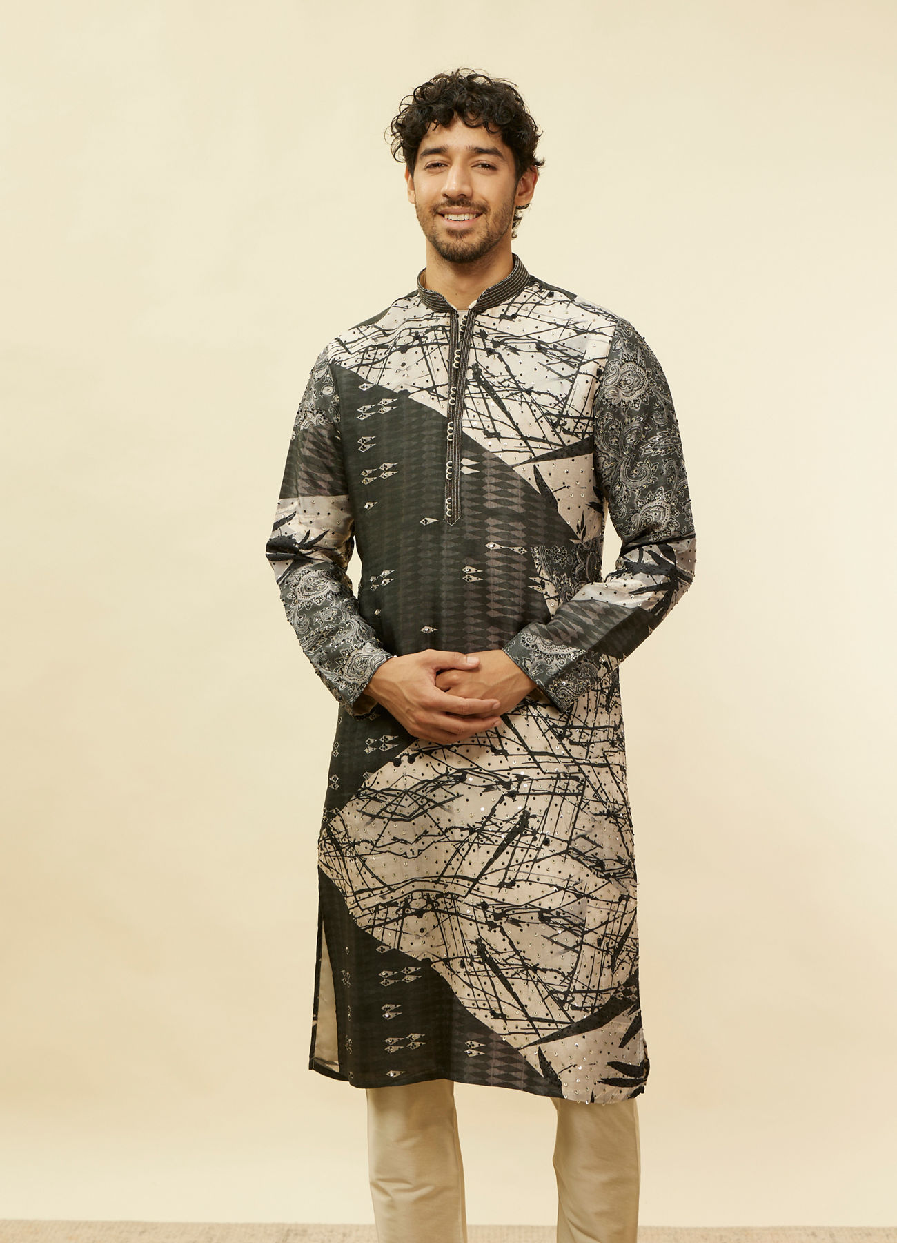Twamev Men Stand Out Grey Self Print Kurta Set