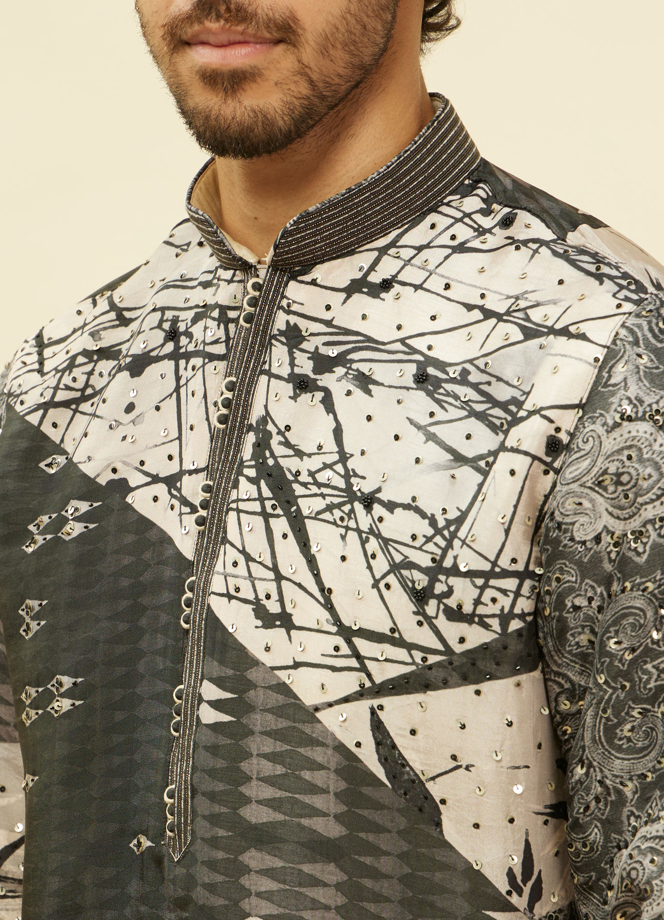 Twamev Men Stand Out Grey Self Print Kurta Set