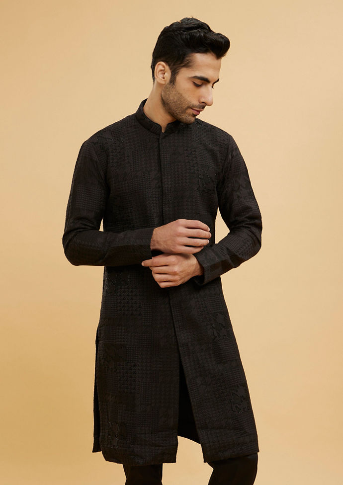 Twamev Men Charcoal Black Self Patterned Kurta Set with Shimmery Highlights