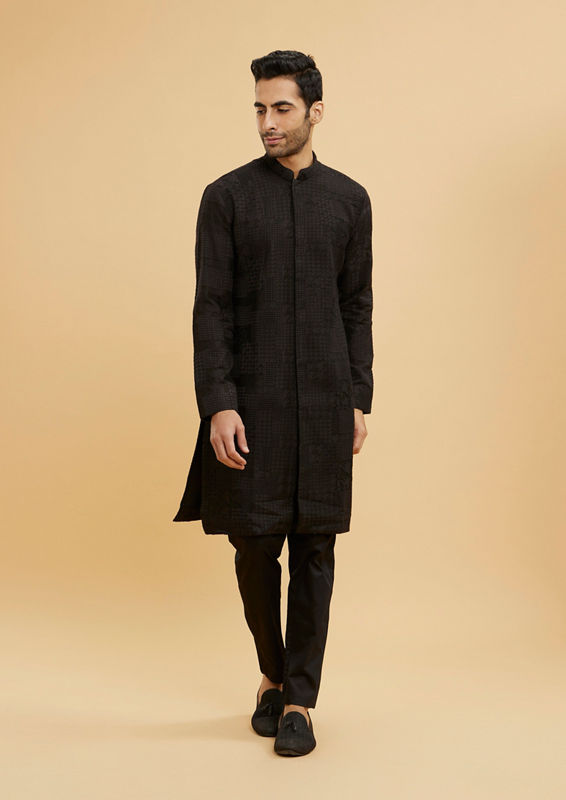 Twamev Men Charcoal Black Self Patterned Kurta Set with Shimmery Highlights