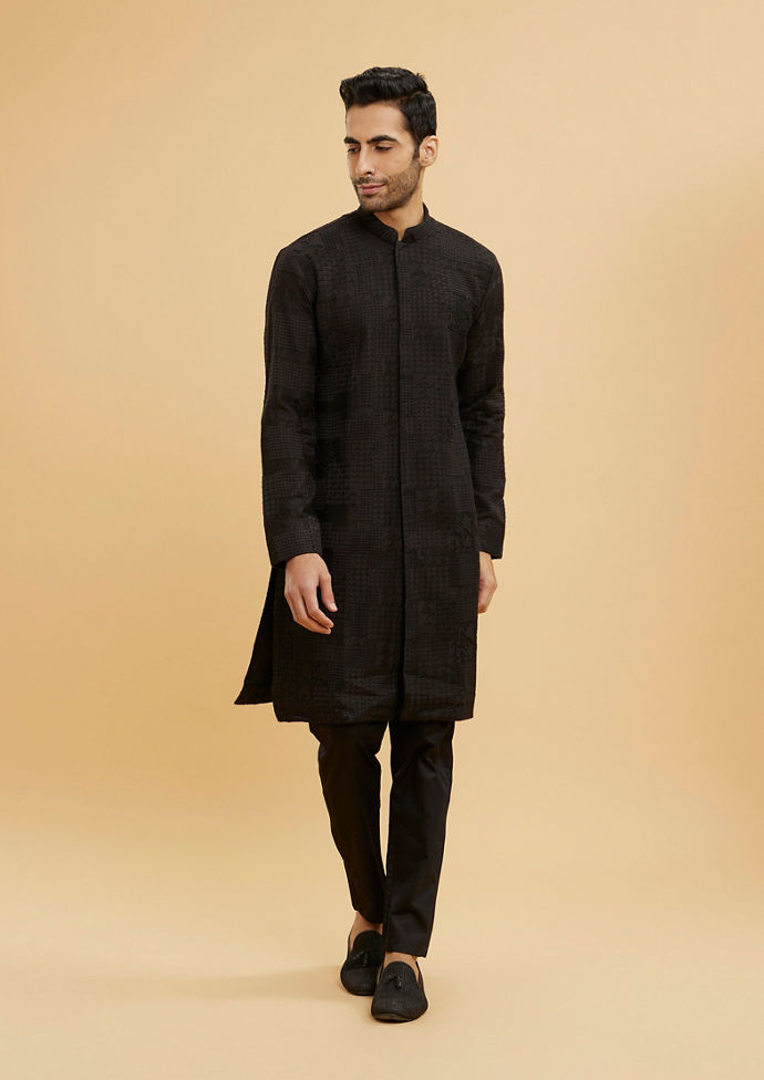 Twamev Men Charcoal Black Self Patterned Kurta Set with Shimmery Highlights