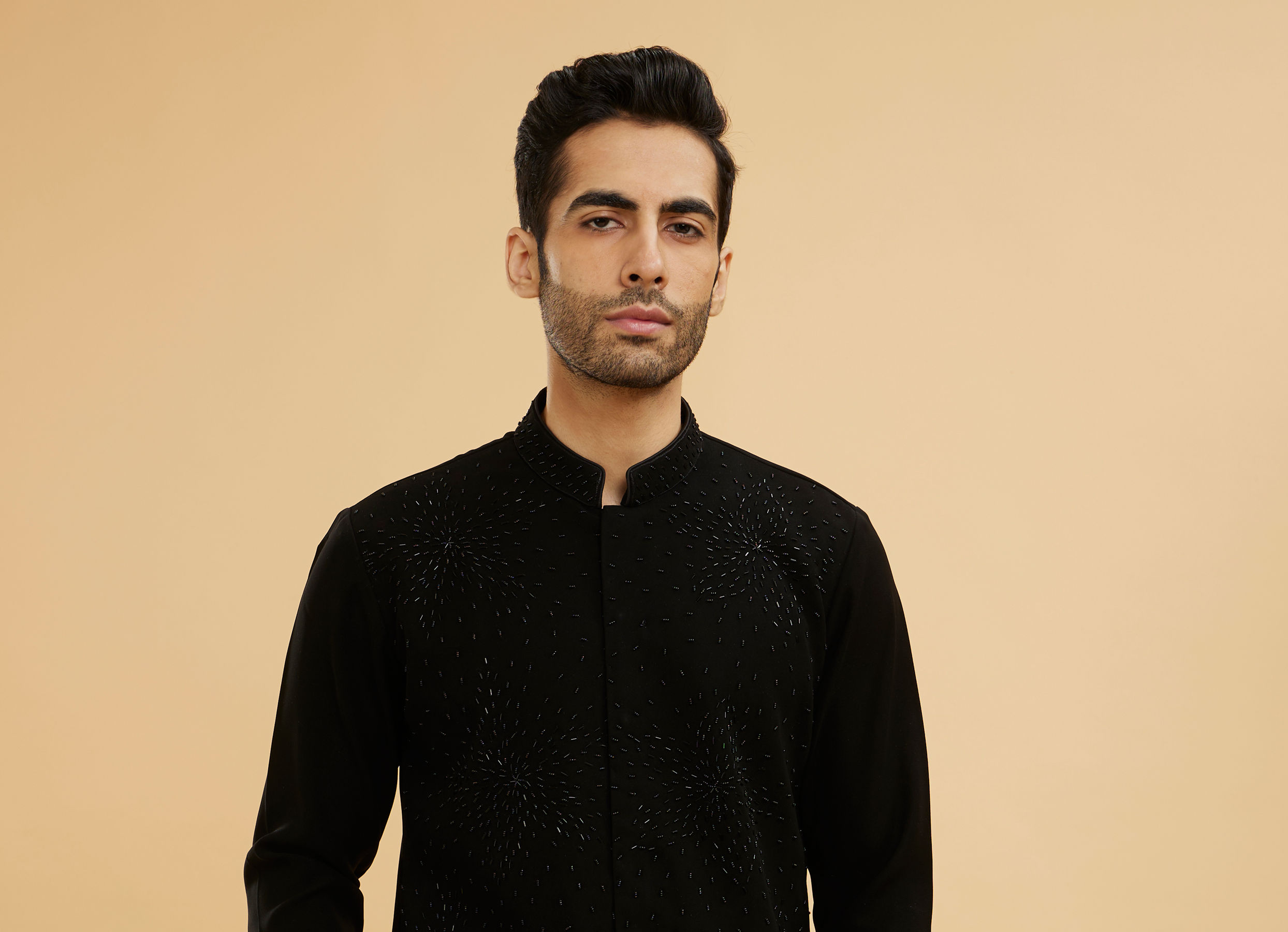 Twamev Men Ebony Black Kurta Set with Cutdana Work