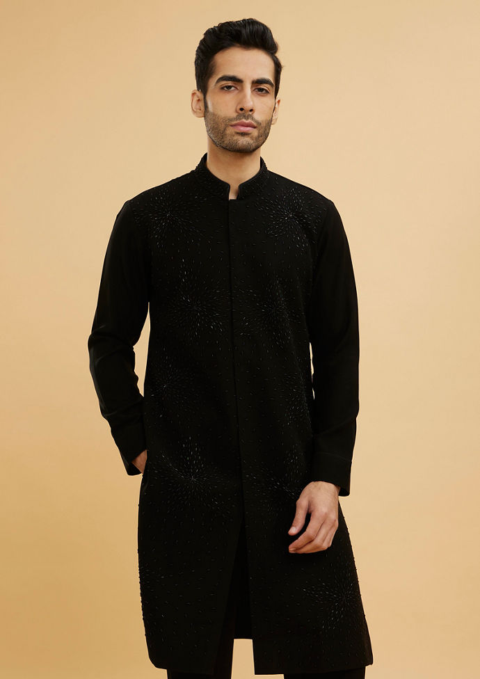 Twamev Men Ebony Black Kurta Set with Cutdana Work