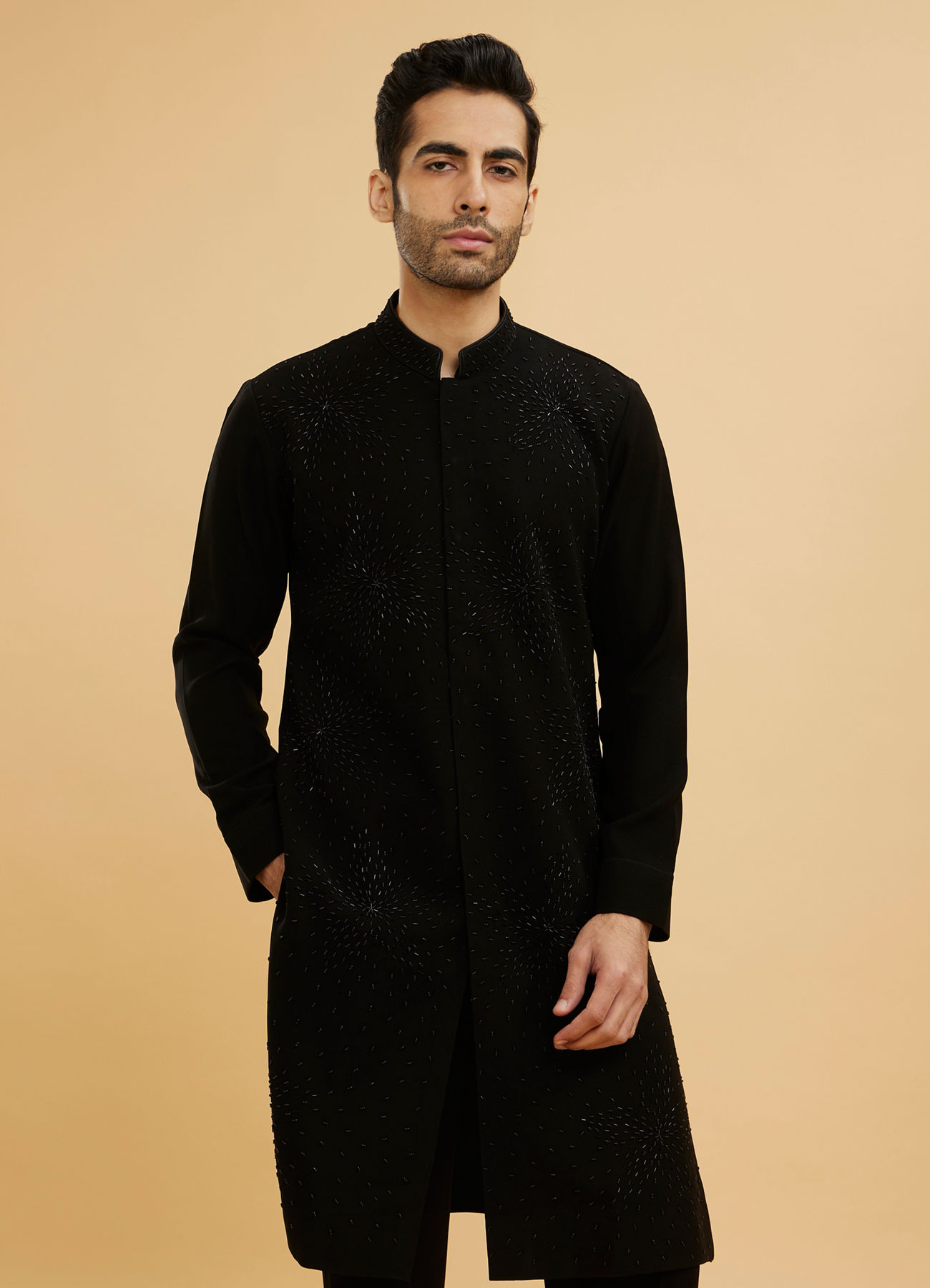 Twamev Men Ebony Black Kurta Set with Cutdana Work