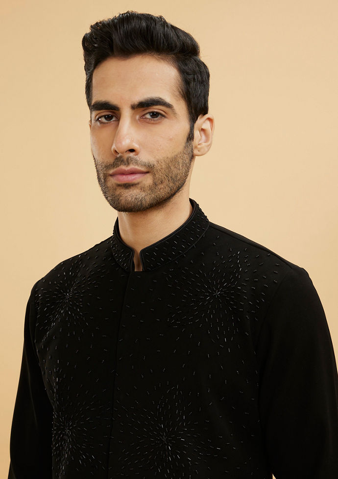 Twamev Men Ebony Black Kurta Set with Cutdana Work