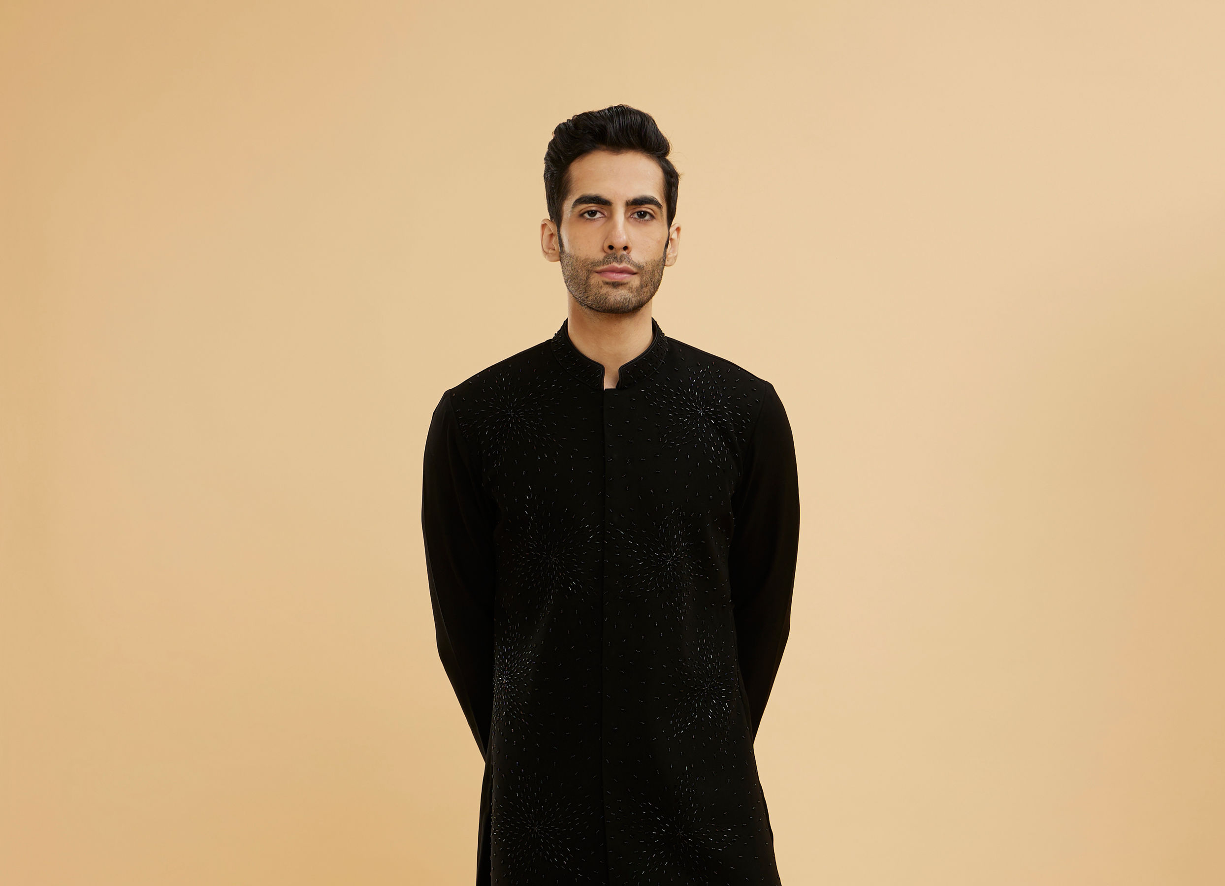Twamev Men Ebony Black Kurta Set with Cutdana Work