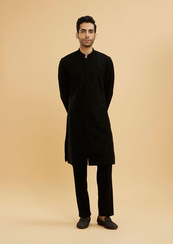 Twamev Men Ebony Black Kurta Set with Cutdana Work