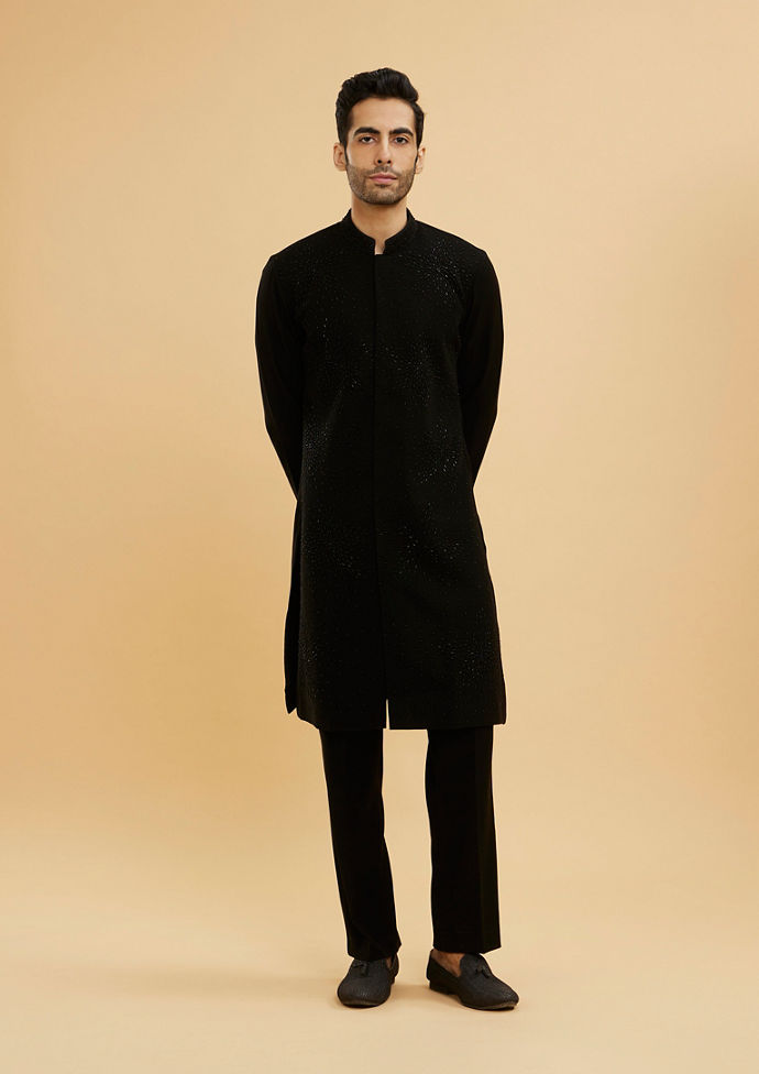 Twamev Men Ebony Black Kurta Set with Cutdana Work