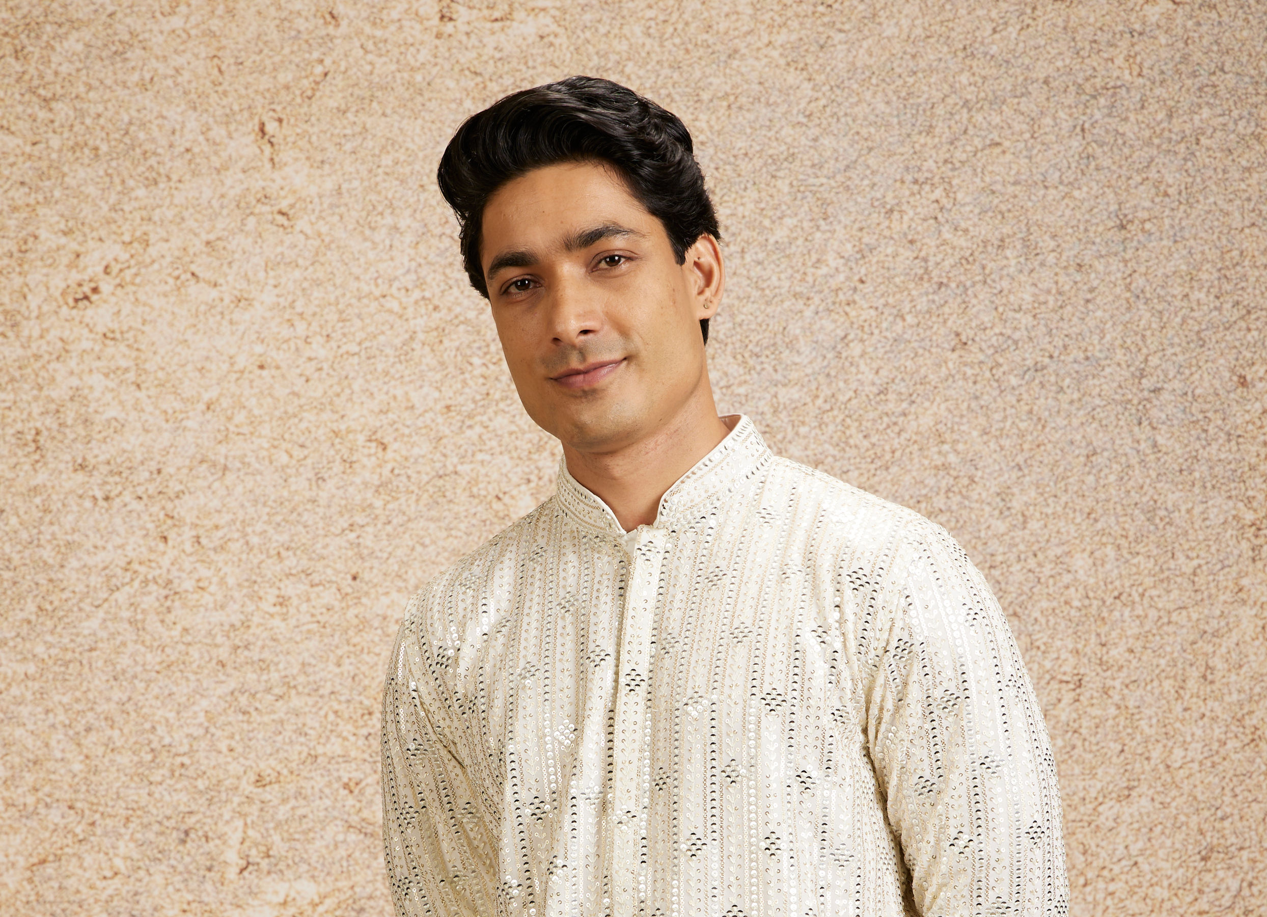 Twamev Men Warm White Chowkadi Motif Patterned Kurta Set