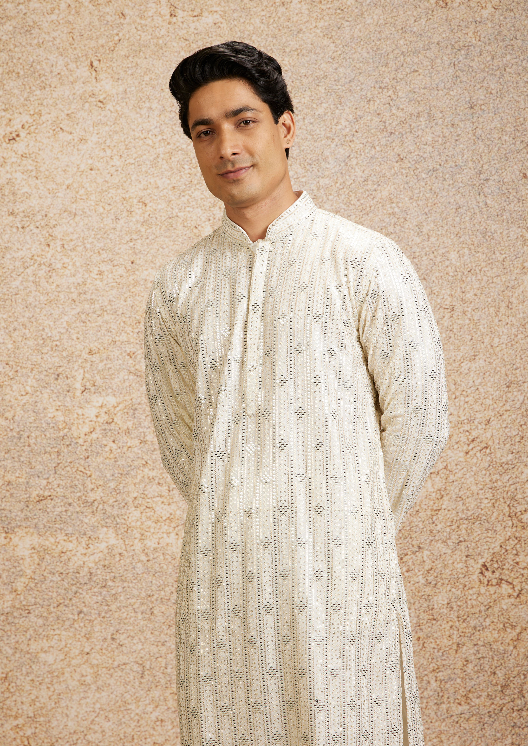 Twamev Men Warm White Chowkadi Motif Patterned Kurta Set