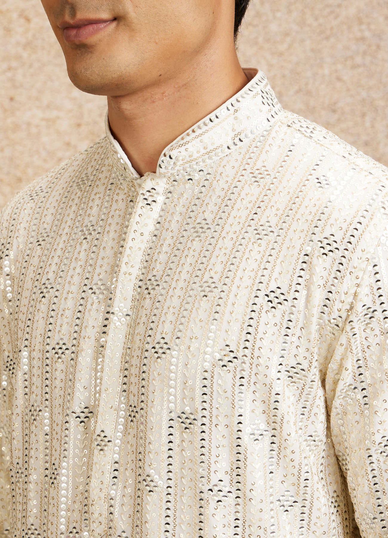 Twamev Men Warm White Chowkadi Motif Patterned Kurta Set