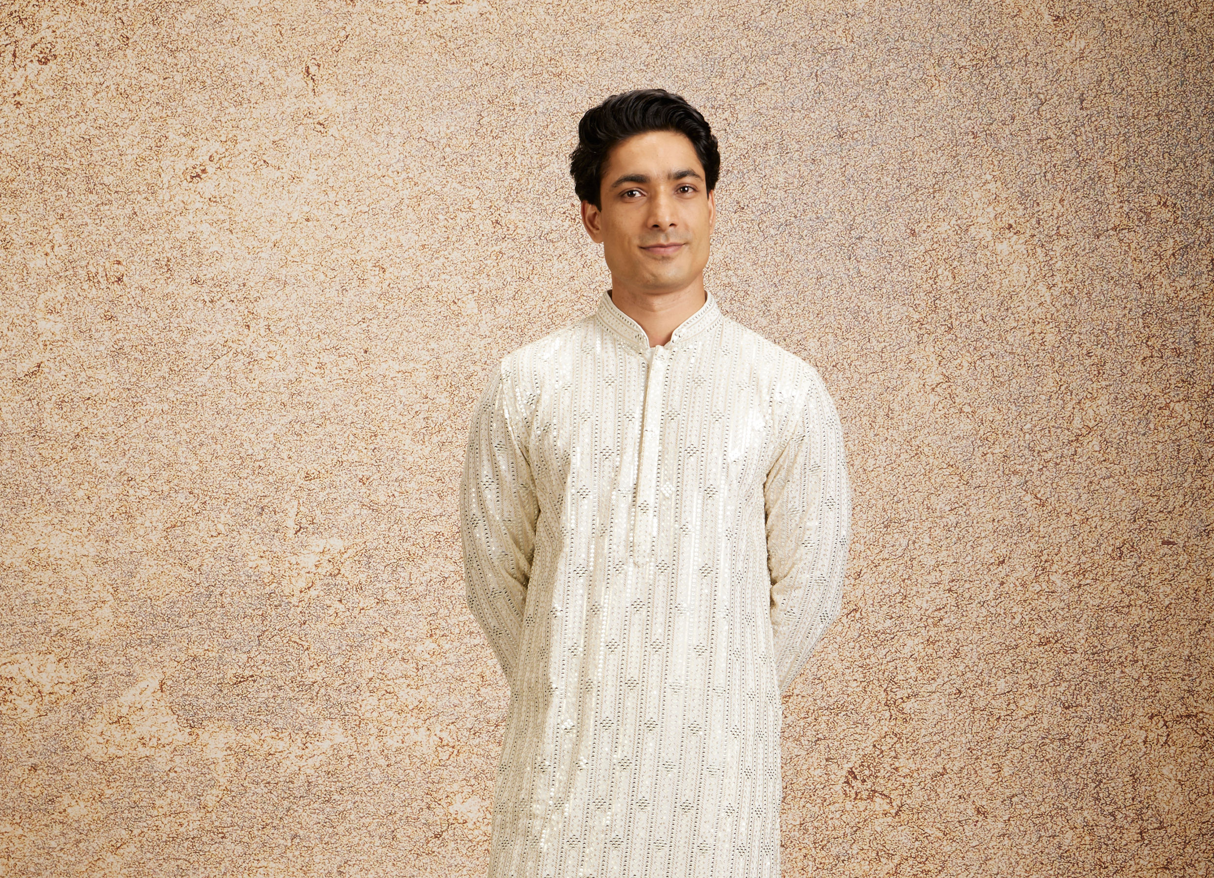 Twamev Men Warm White Chowkadi Motif Patterned Kurta Set