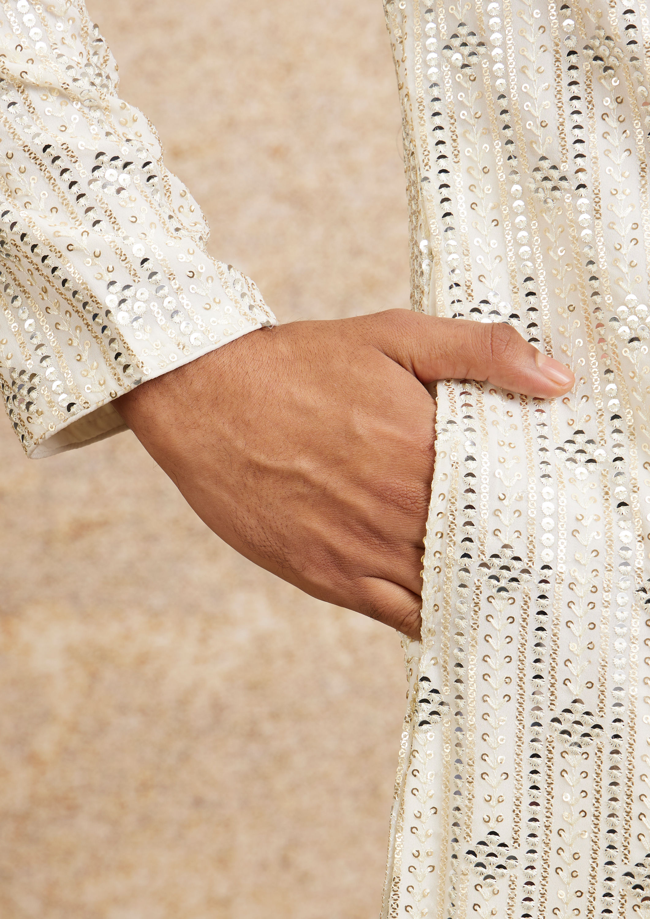 Twamev Men Warm White Chowkadi Motif Patterned Kurta Set