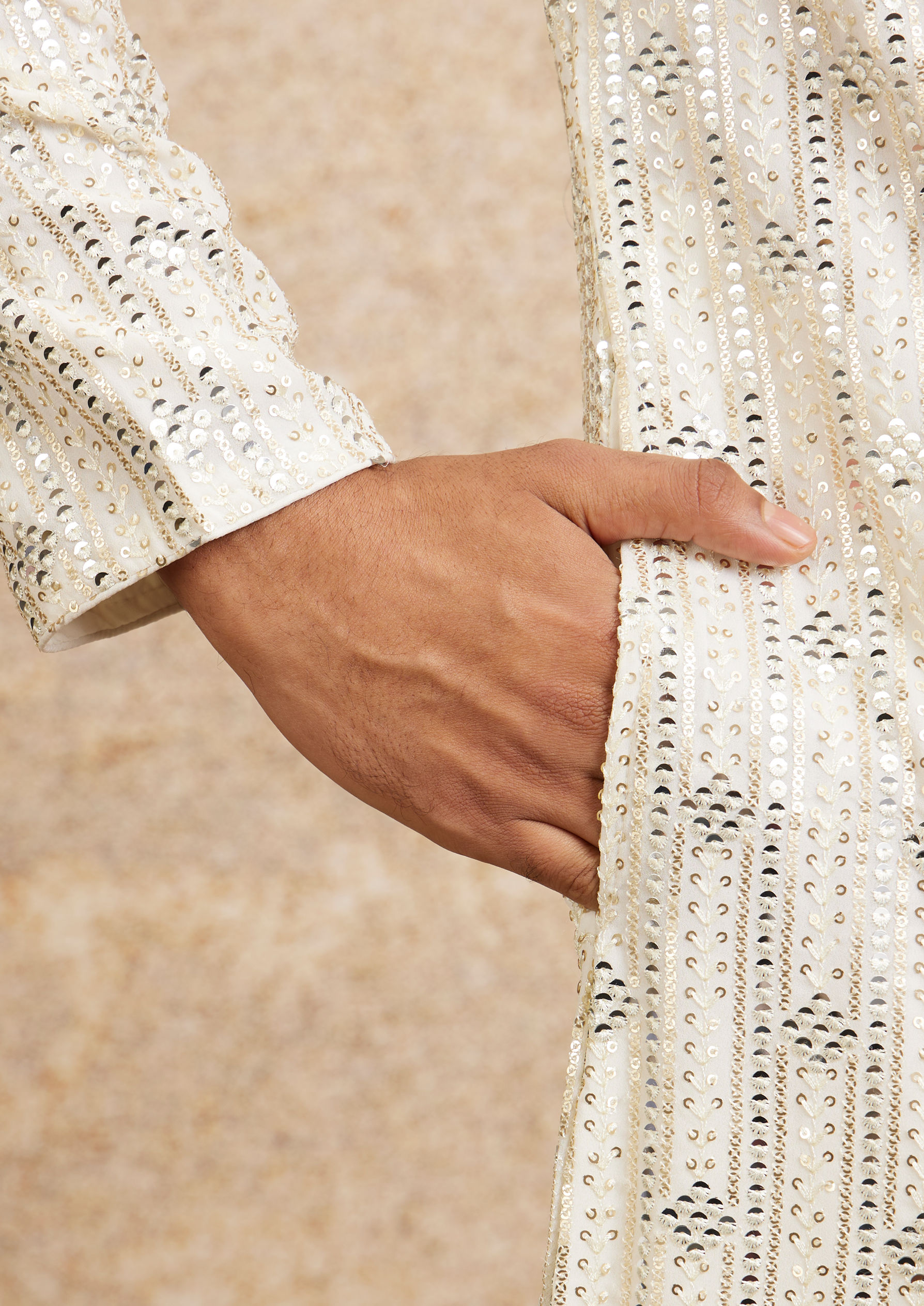 Twamev Men Warm White Chowkadi Motif Patterned Kurta Set